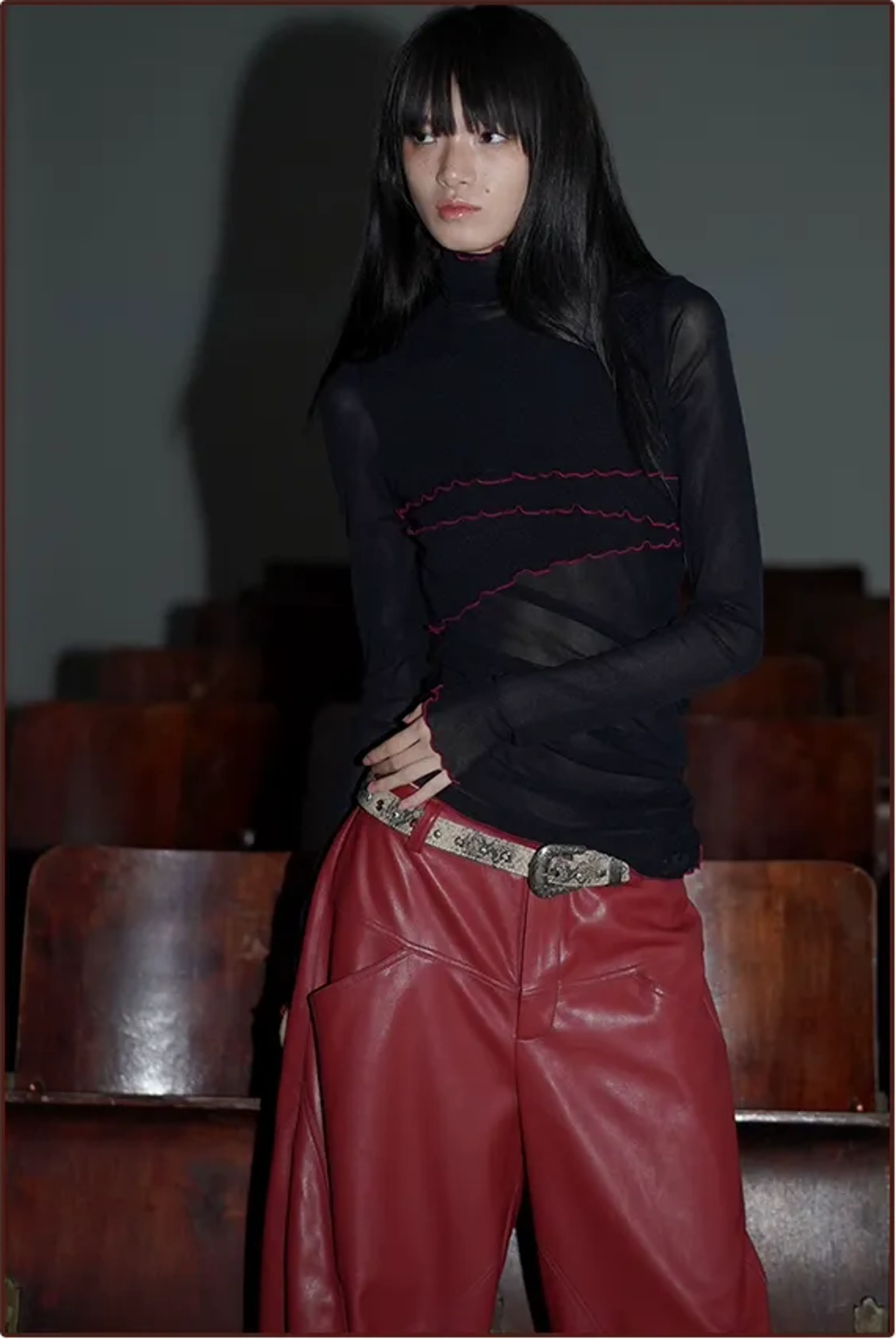 Solid Mesh Turtleneck Top - Image 8