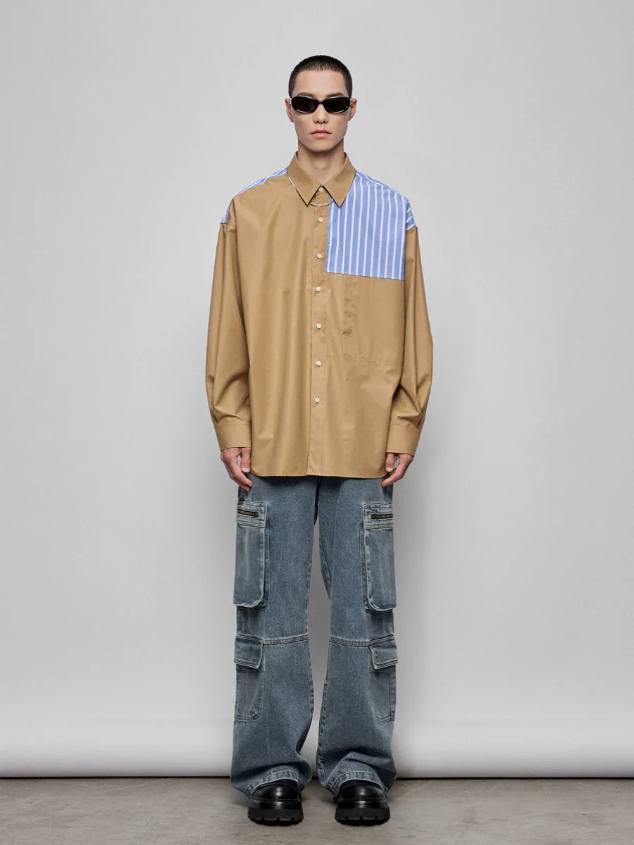 Split Contrast Patchwork Shirt - Image 2