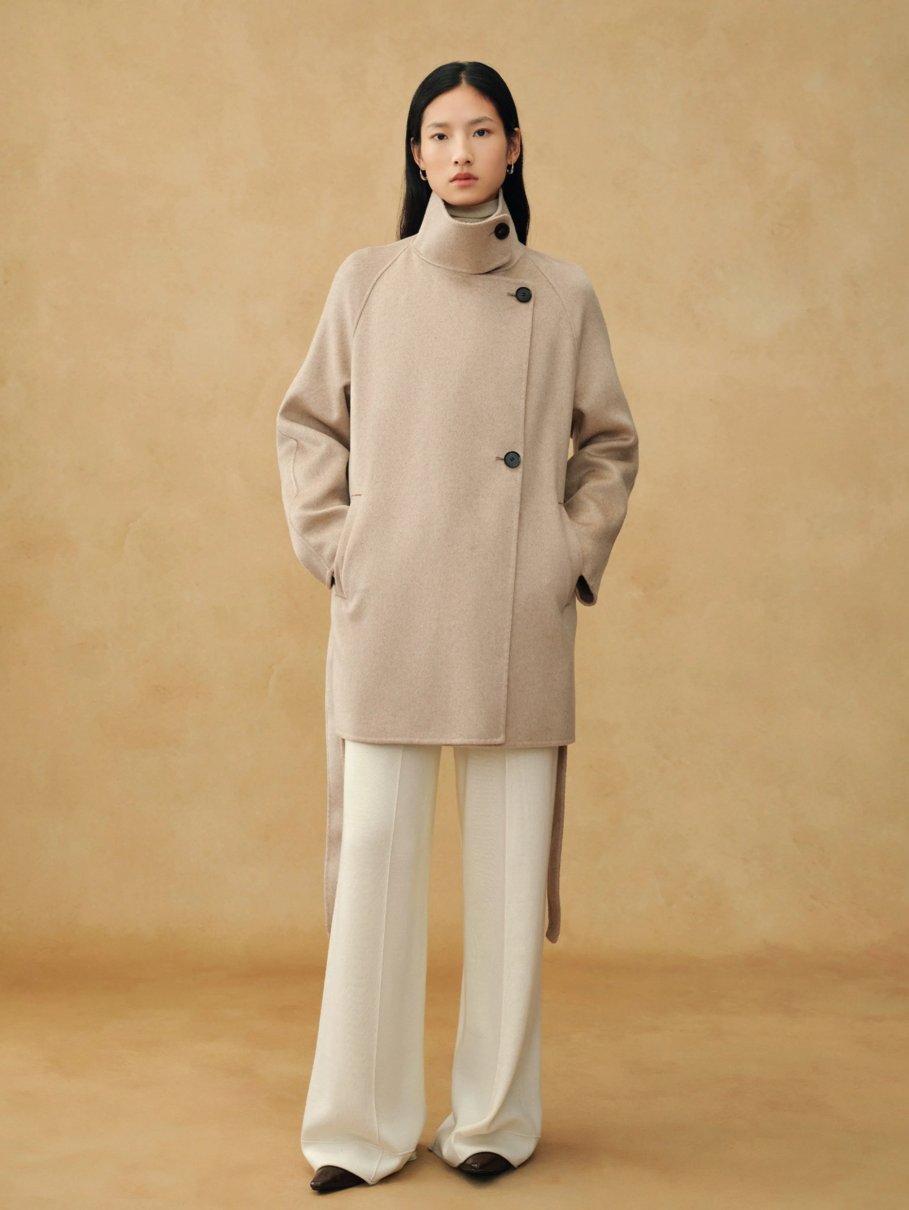 Stand-Collar Belted Cashmere Coat