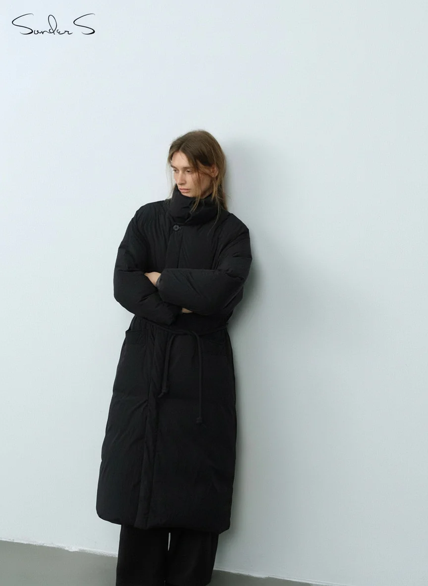 Stand-Collar Belted Down Coat