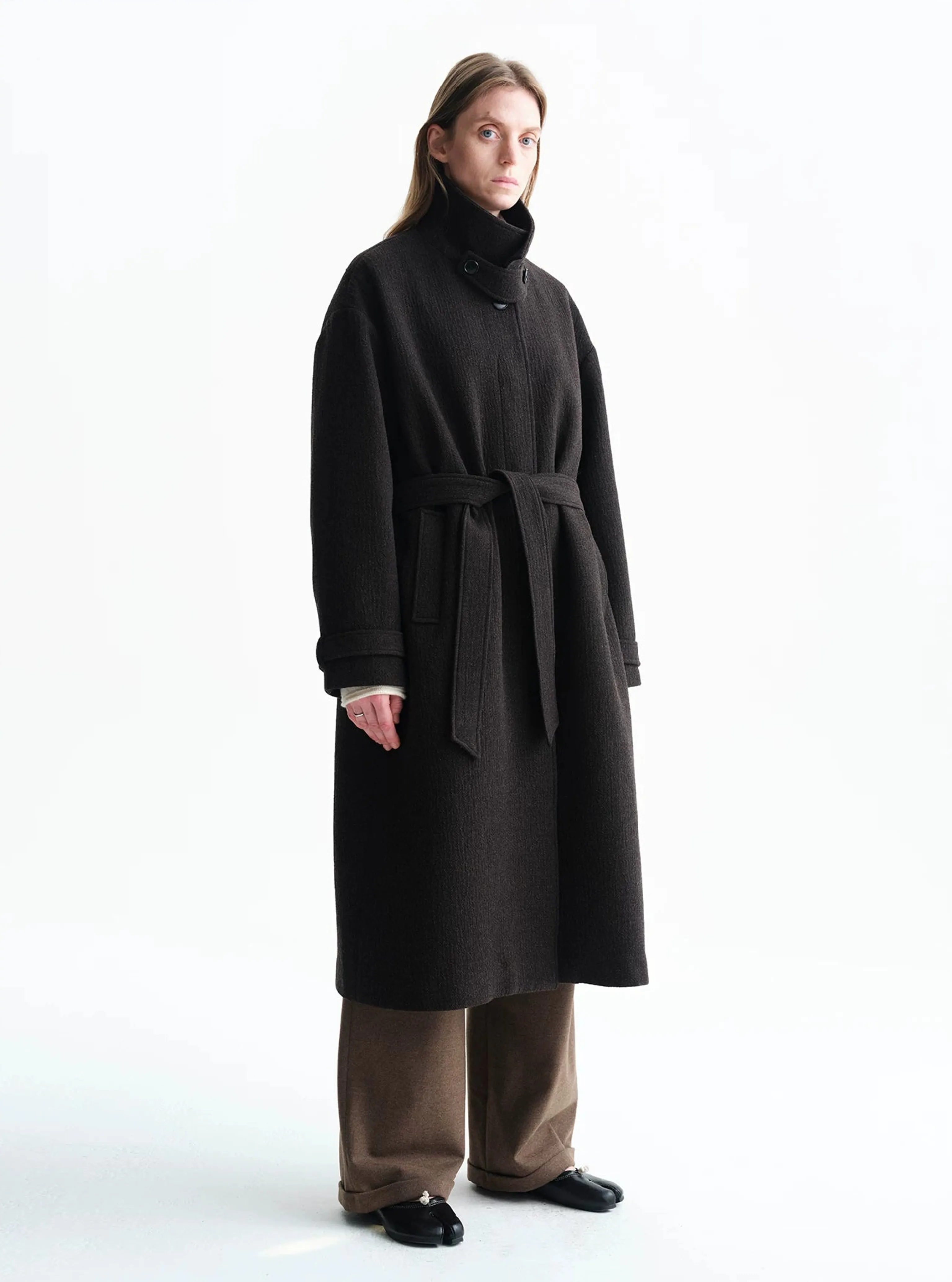 Stand-Collar Belted Long Coat - Image 3