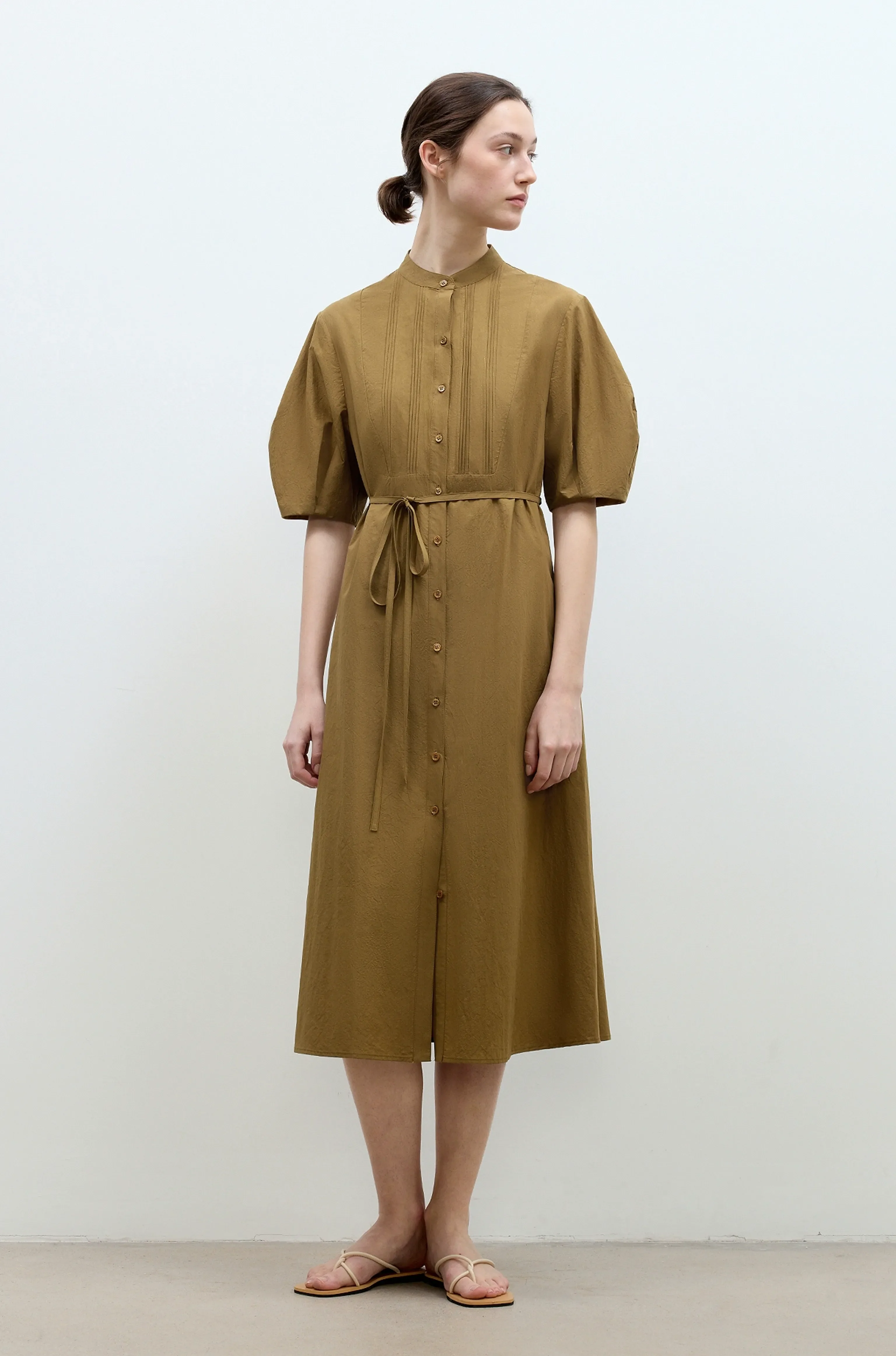 Stand Collar Pleated Shirt Dress - Image 4