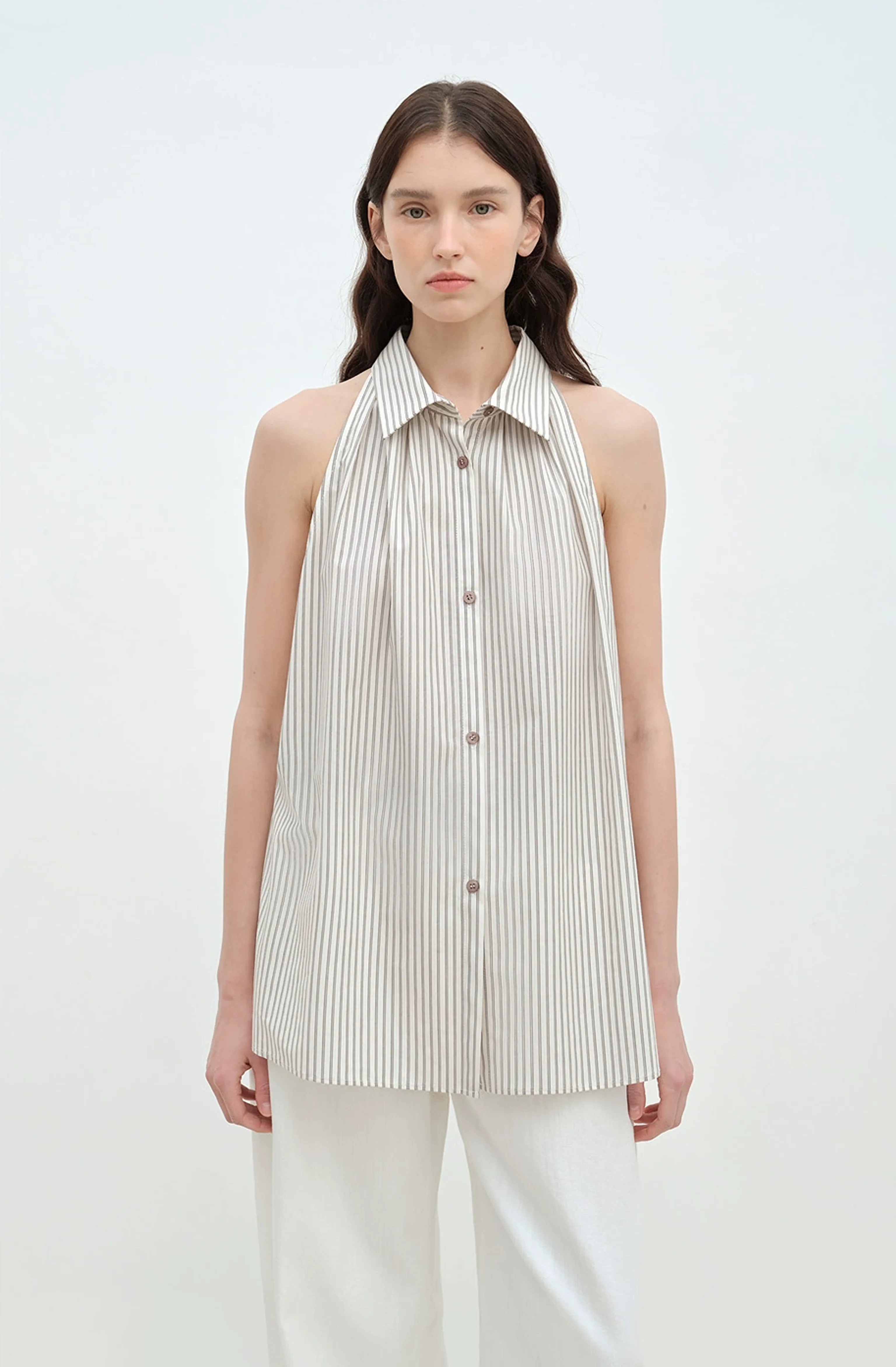 Stand-Collar Sleeveless Cotton Blouse - Image 3