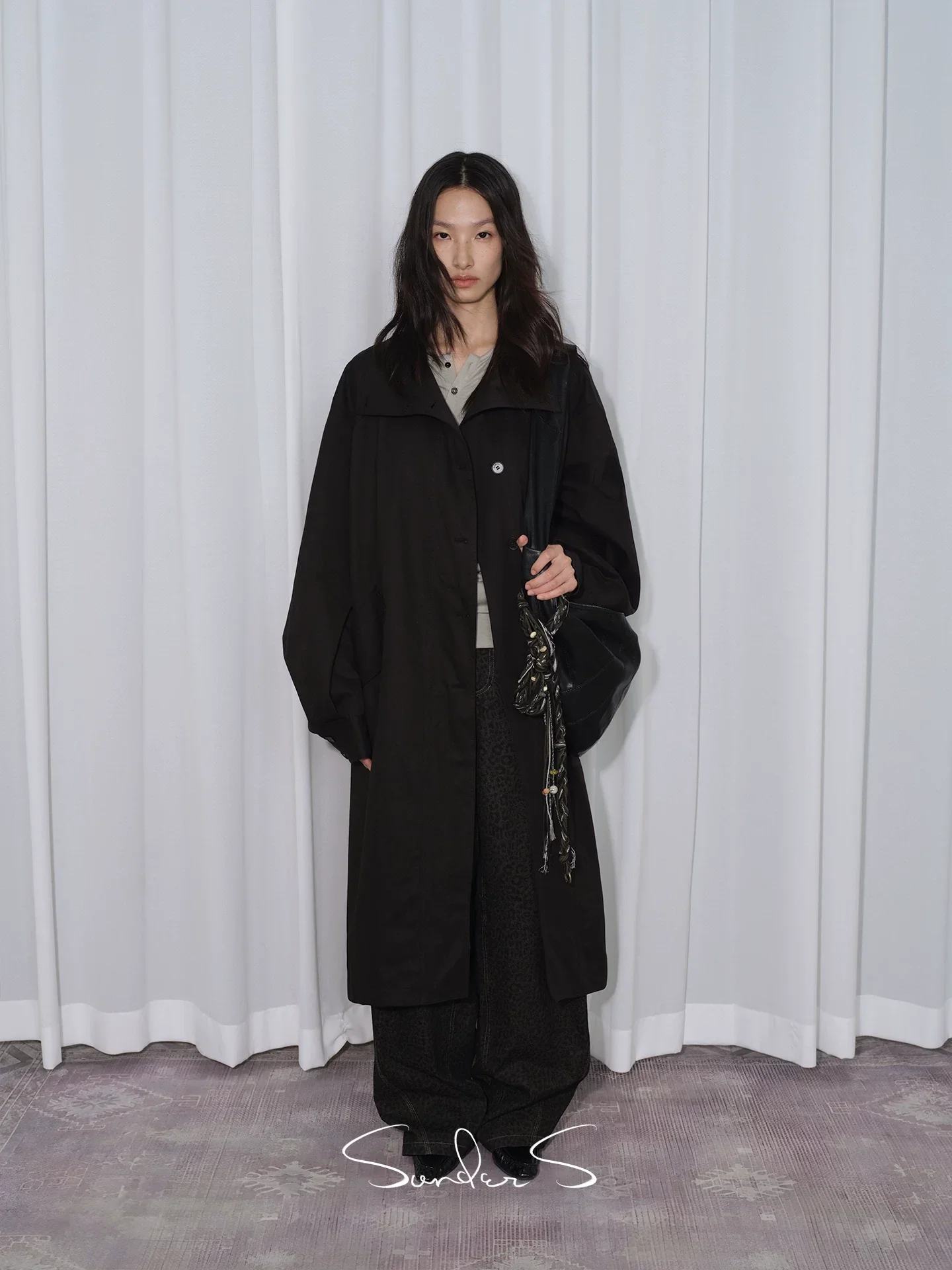 Stand-Collar Textured Trench Coat
