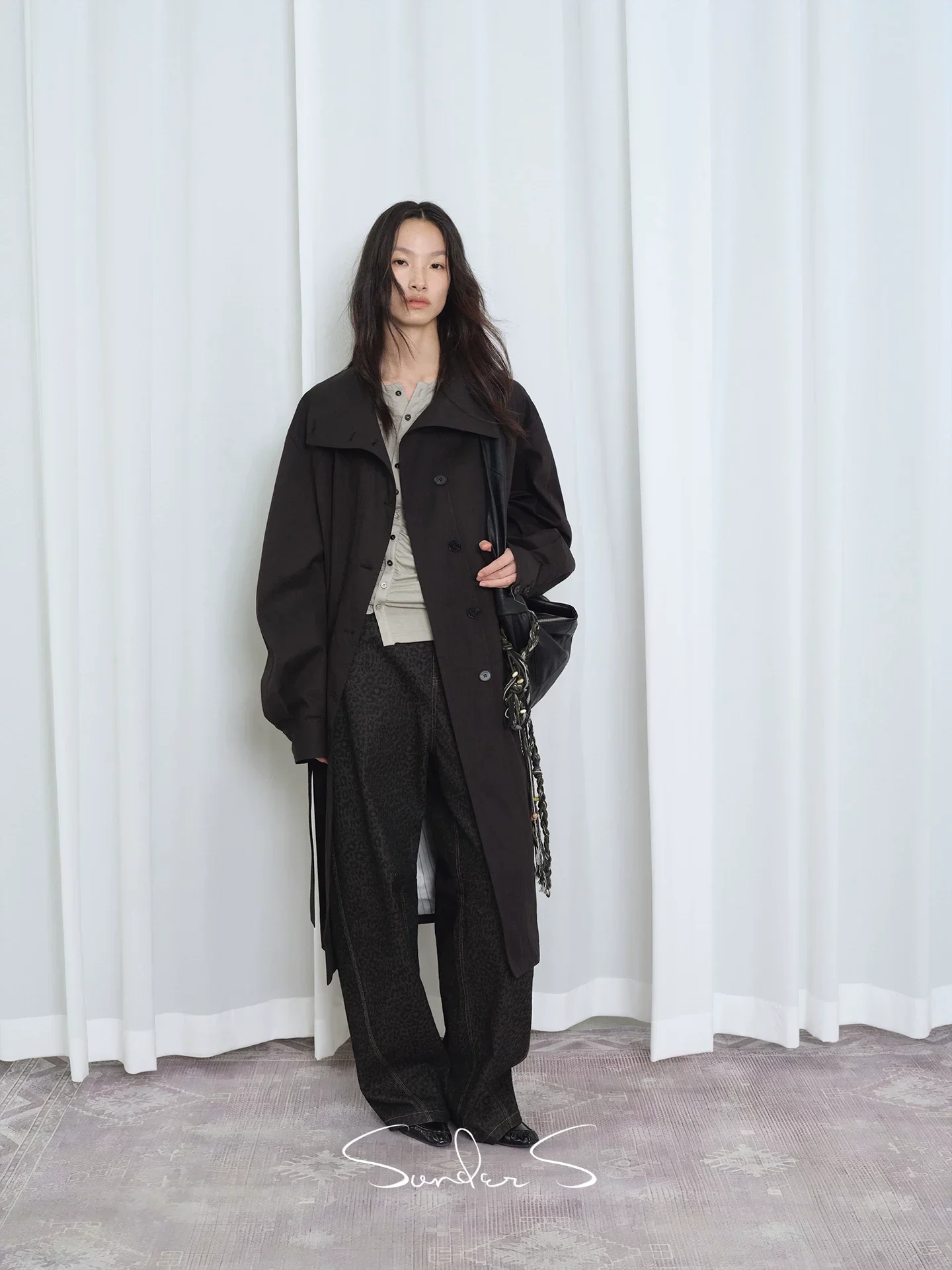 Stand-Collar Textured Trench Coat - Image 2