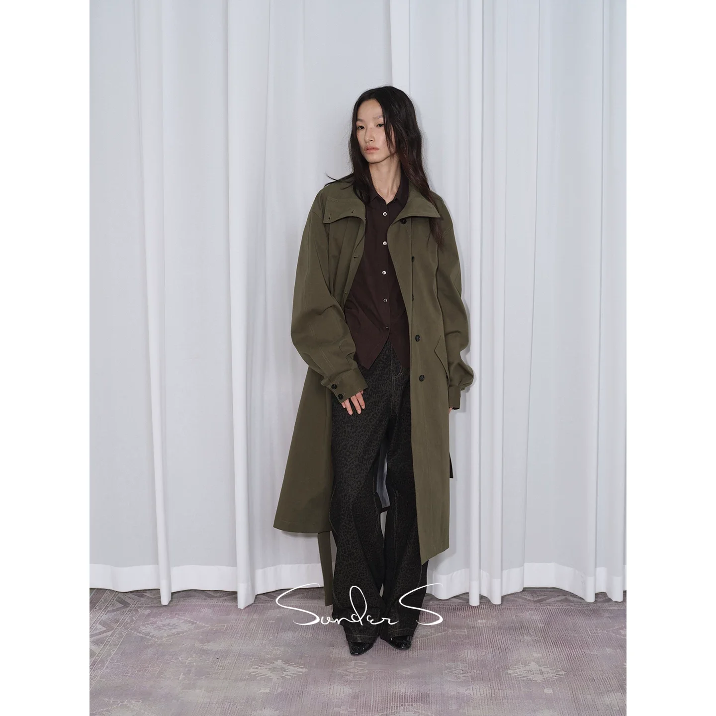 Stand-Collar Textured Trench Coat - Image 3
