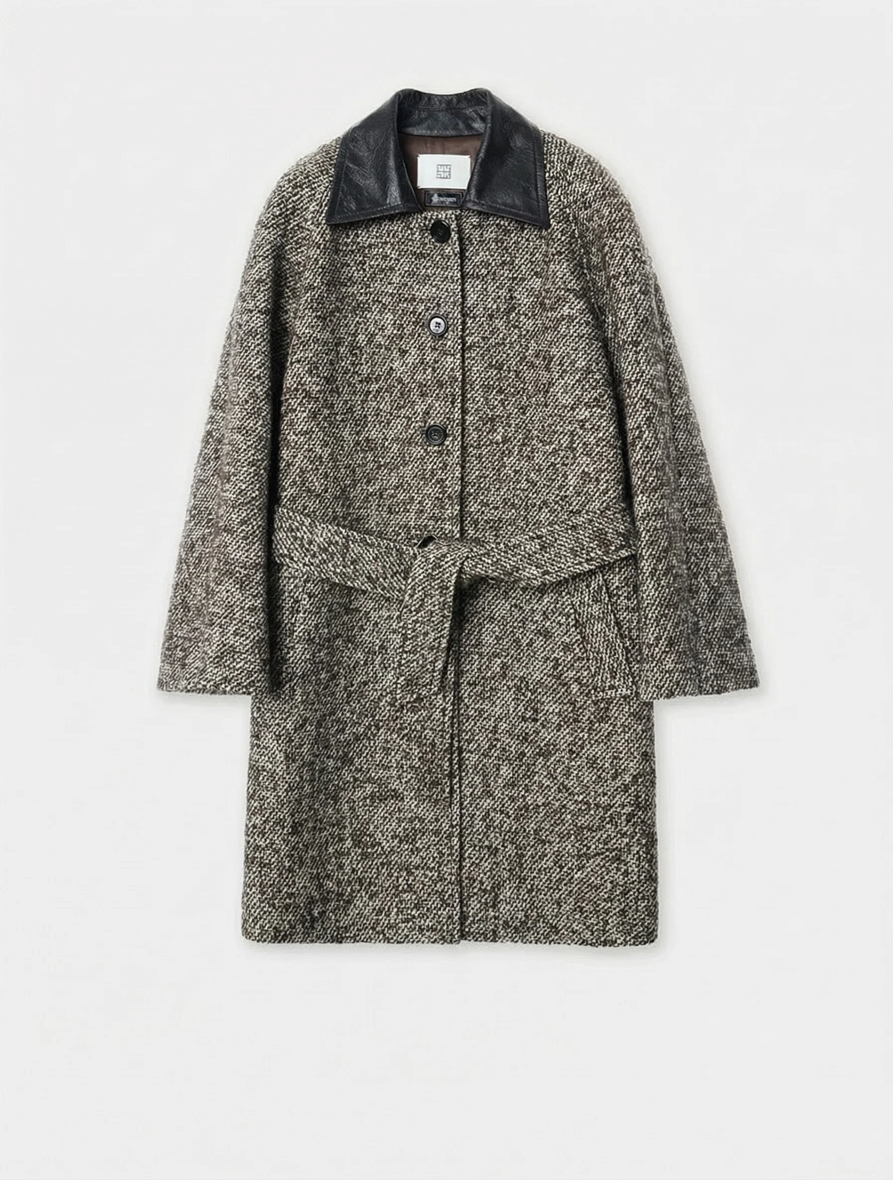 Stepped Wool Leather-Collar Coat