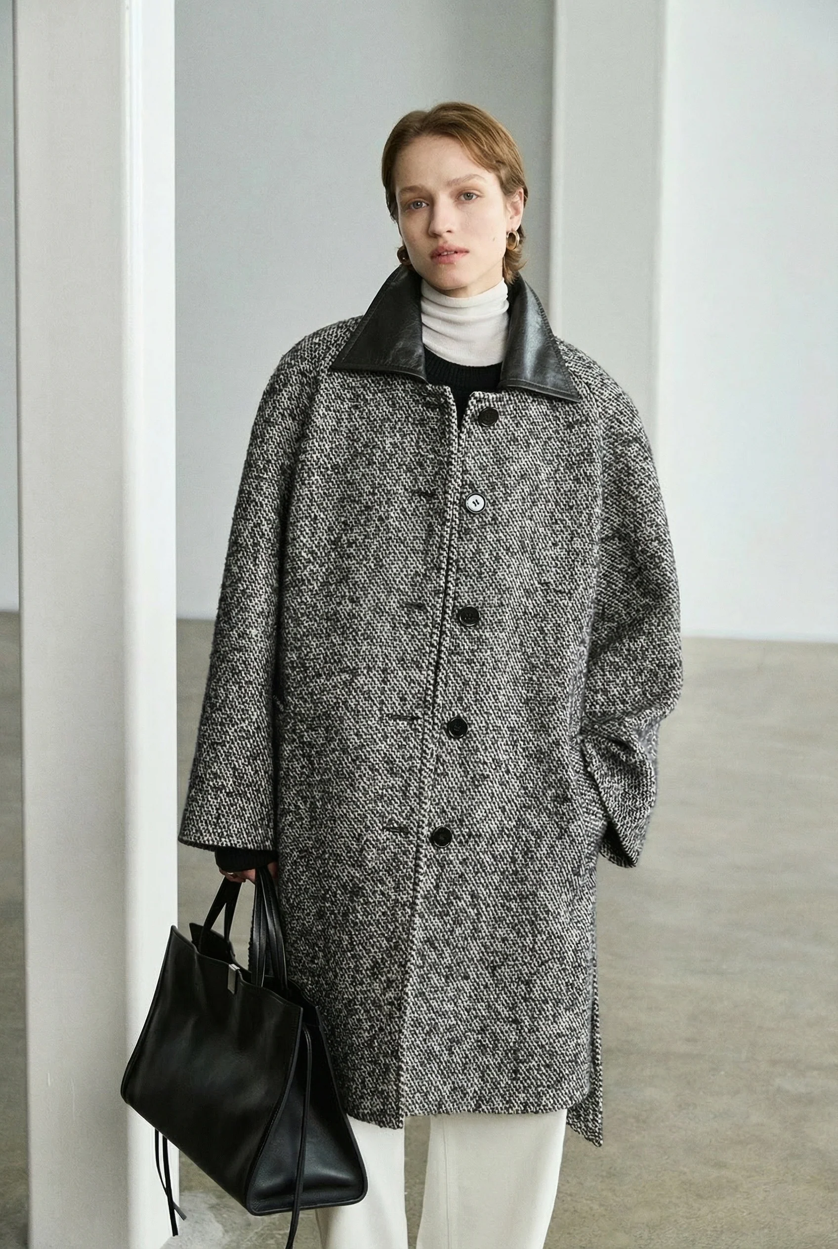 Stepped Wool Leather-Collar Coat - Image 6