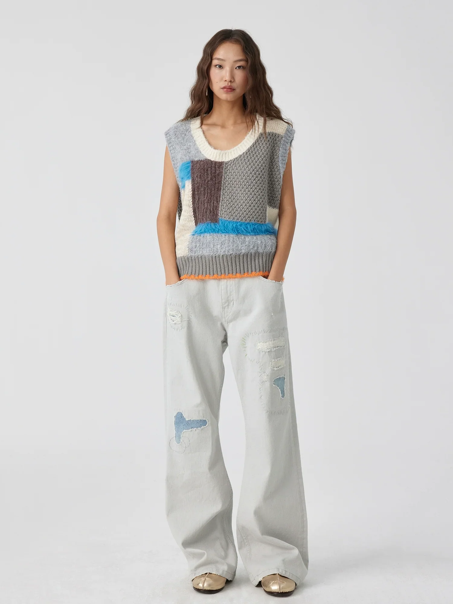 Stone Grey Patchwork Flare Jeans - Image 2