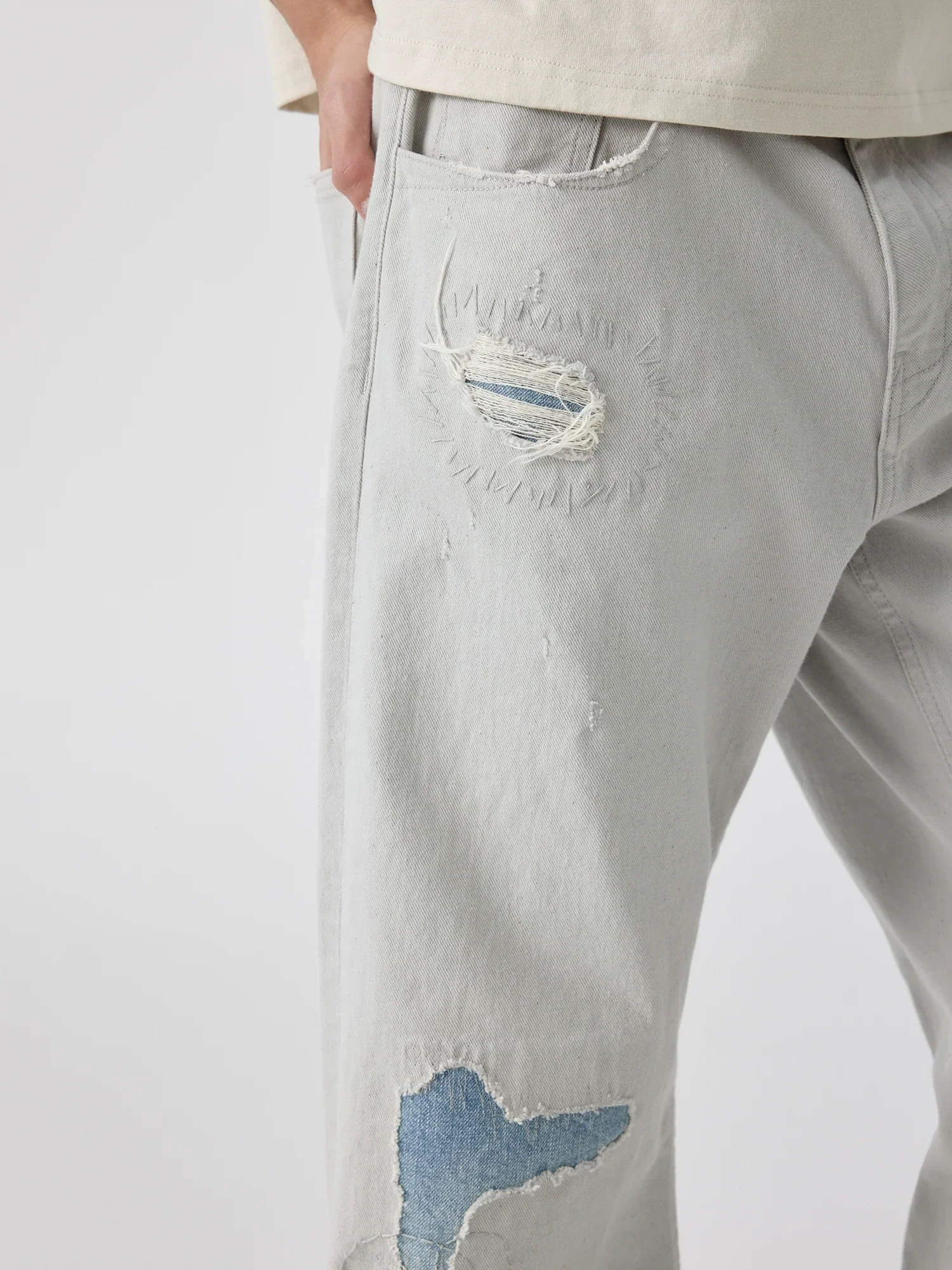 Stone Grey Patchwork Flare Jeans - Image 3