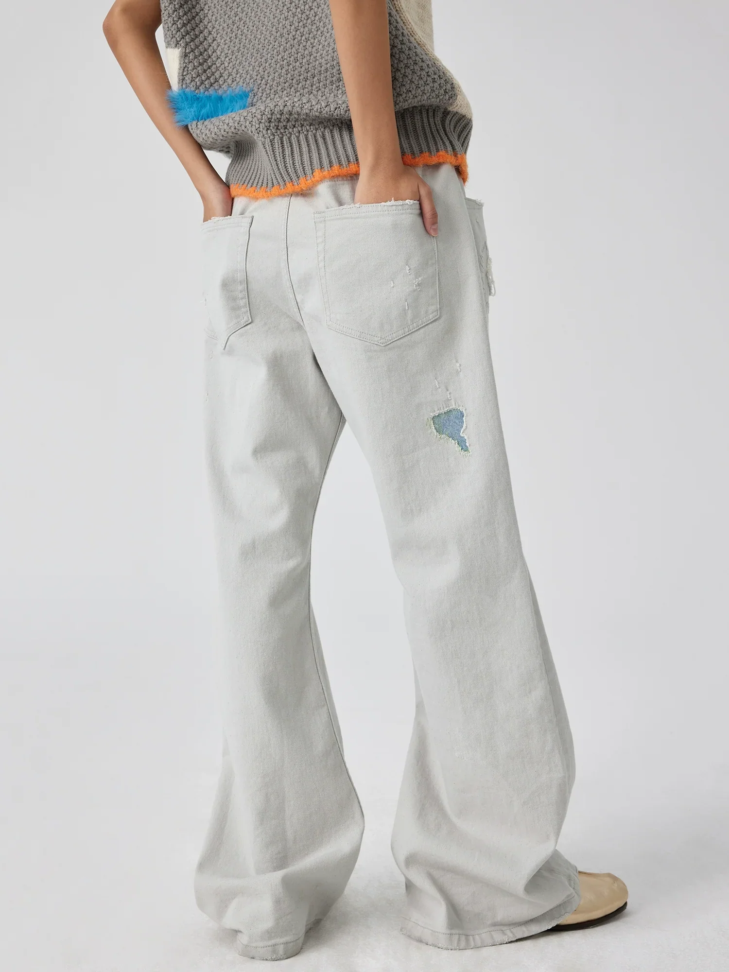 Stone Grey Patchwork Flare Jeans - Image 4