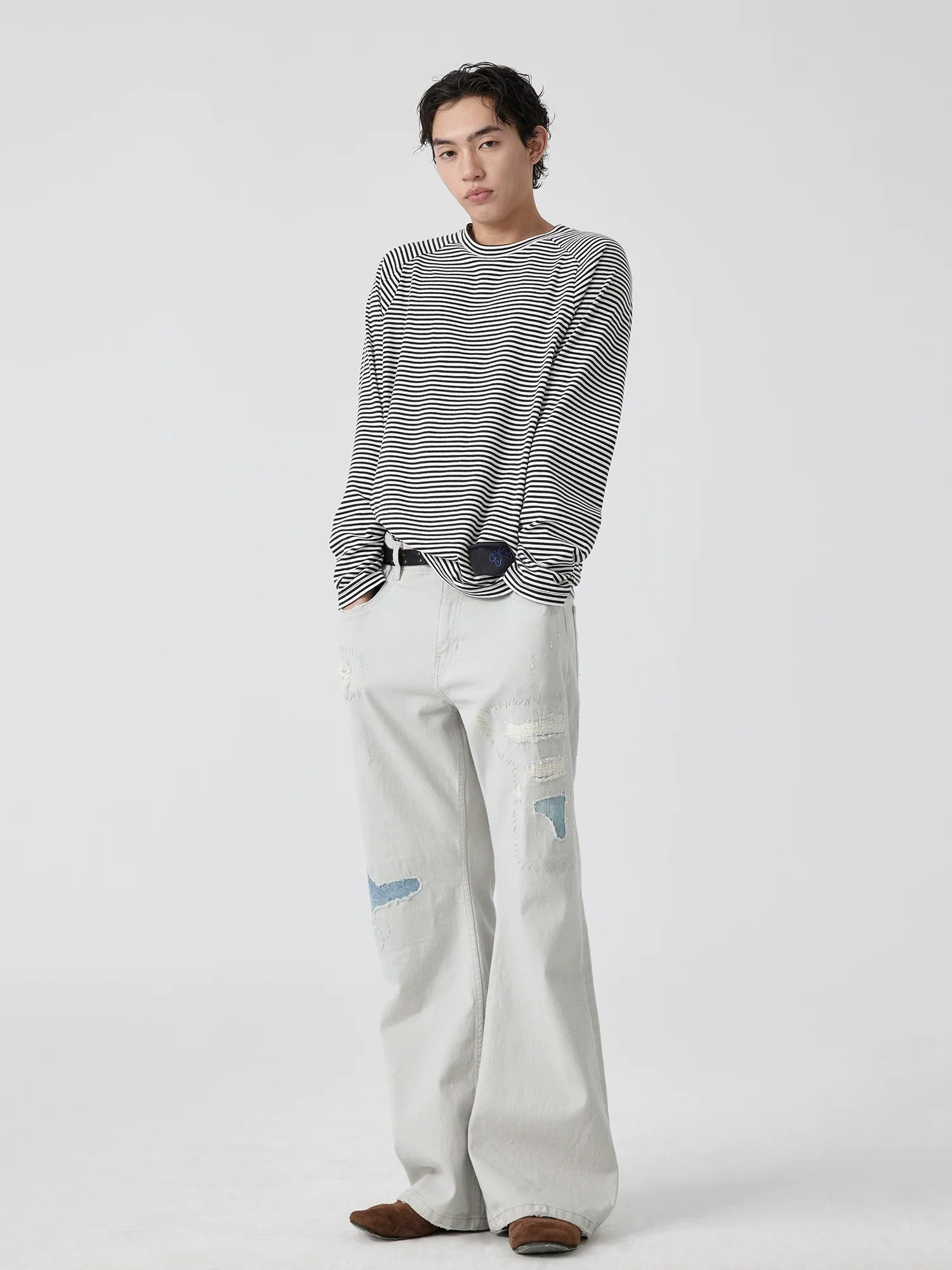 Stone Grey Patchwork Flare Jeans - Image 5