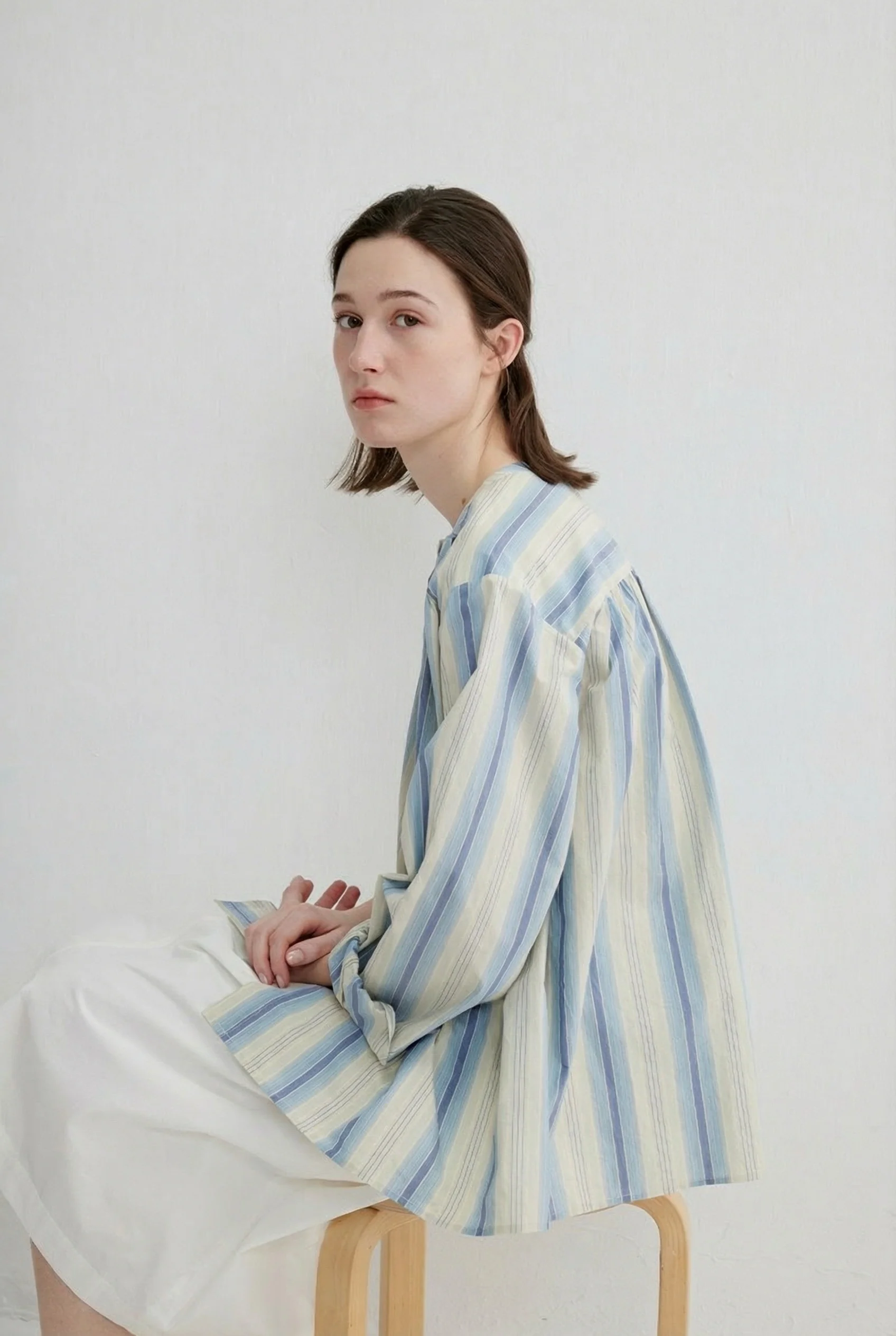 Striped Band-Collar Blouse - Image 3