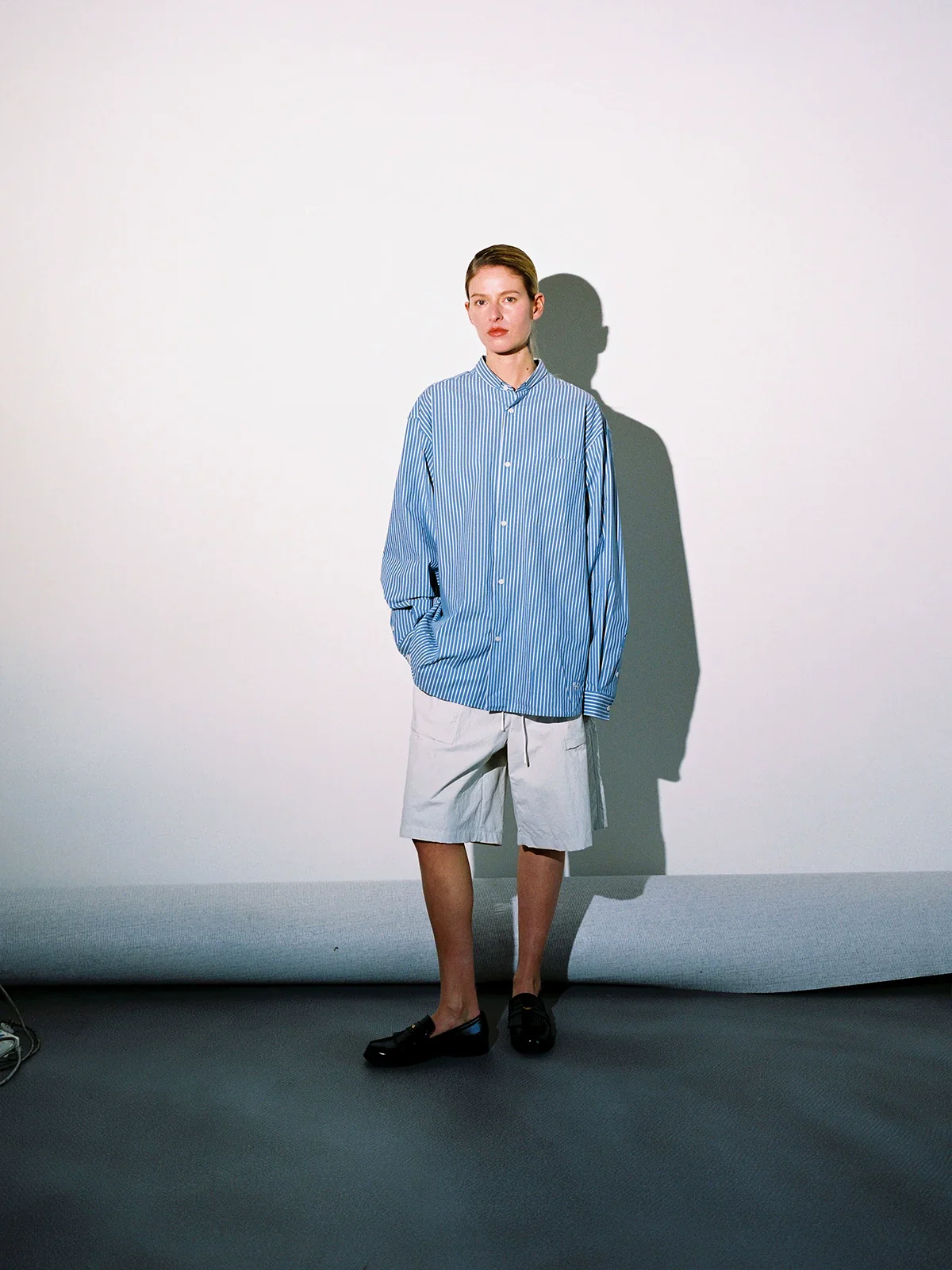 Striped Band-Collar Shirt