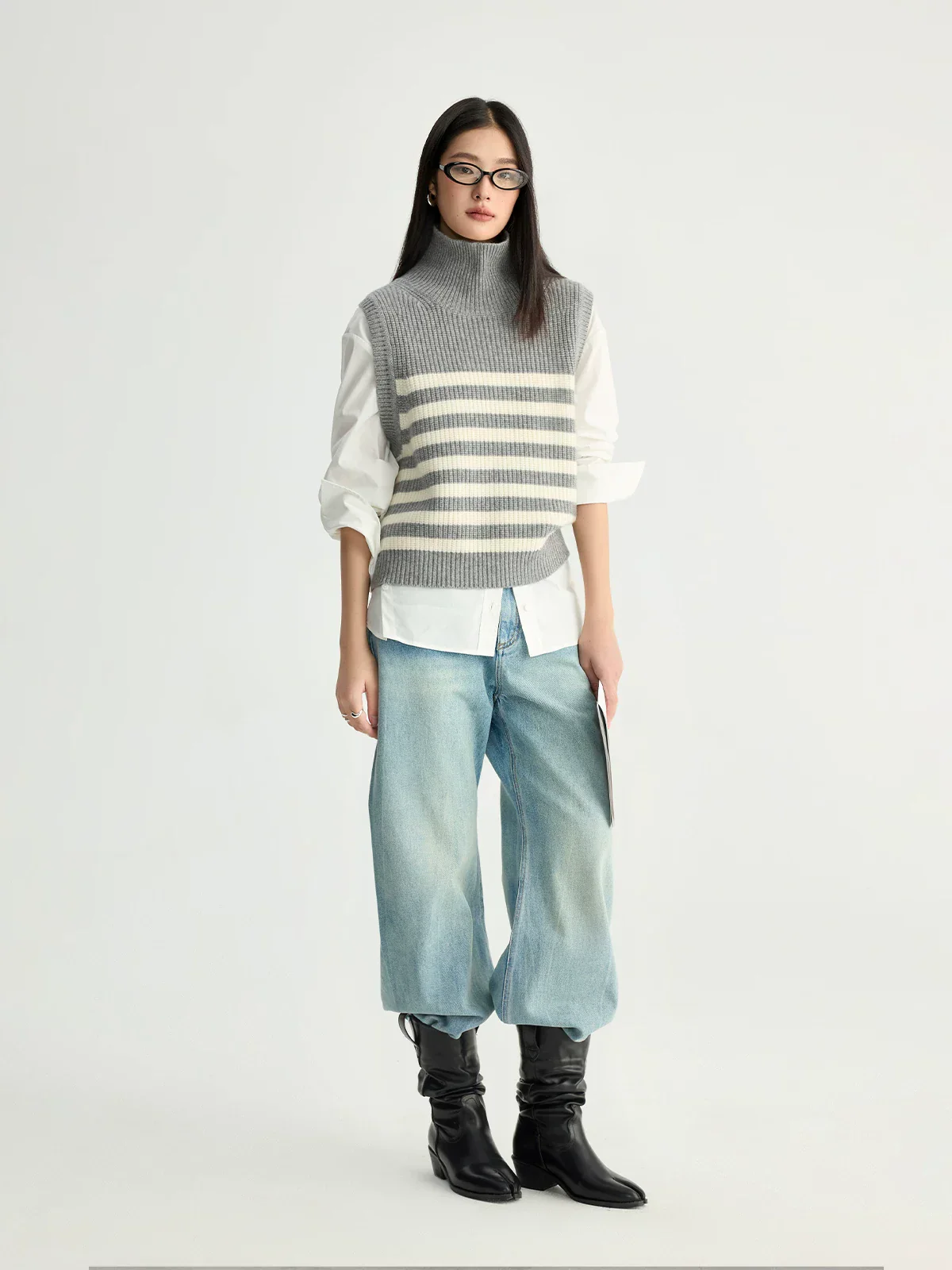 Striped Mock Turtleneck Knit Vest - Image 2
