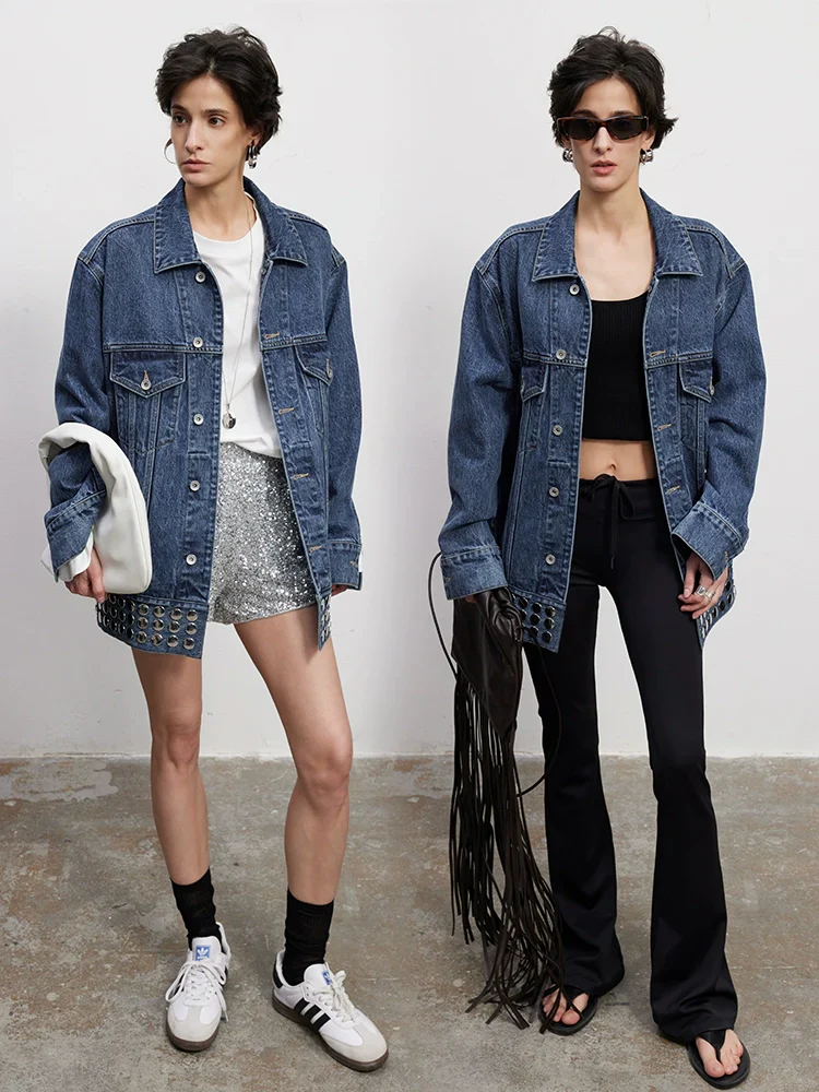 Studded Denim Jacket & Cargo Mini Skirt