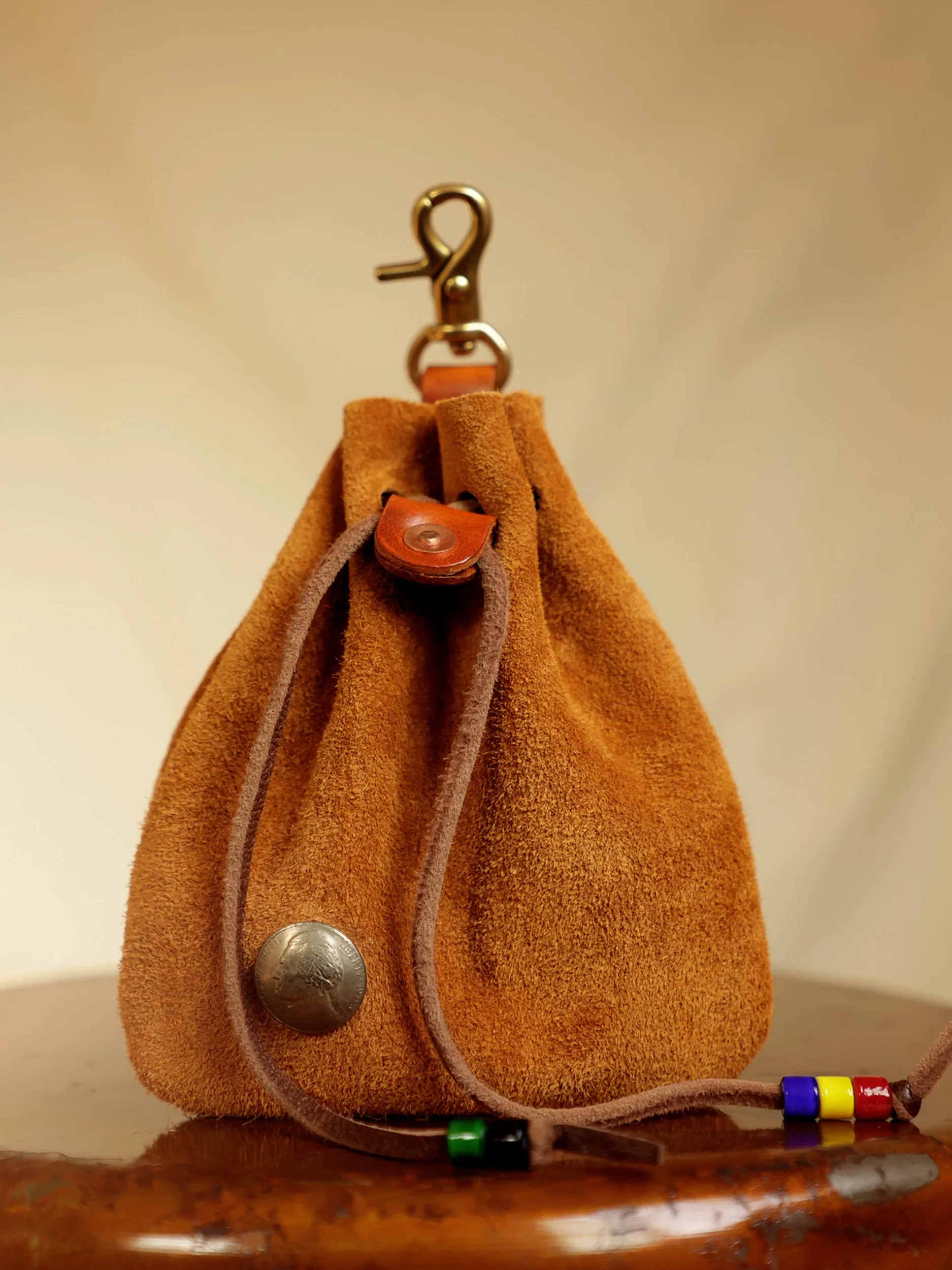 Suede Clip-On Drawstring Pouch