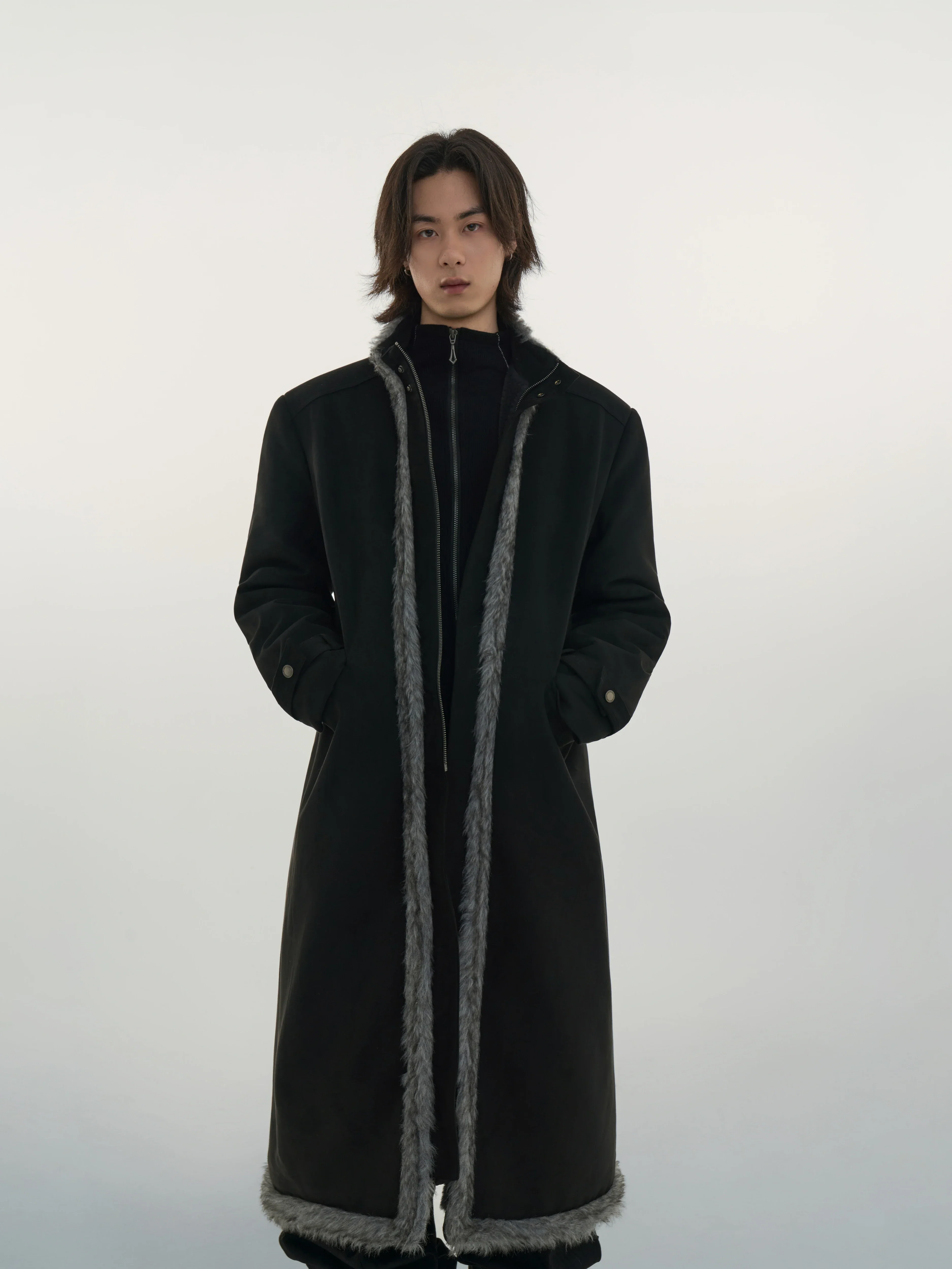 Suede Faux-Fur Trim Overcoat