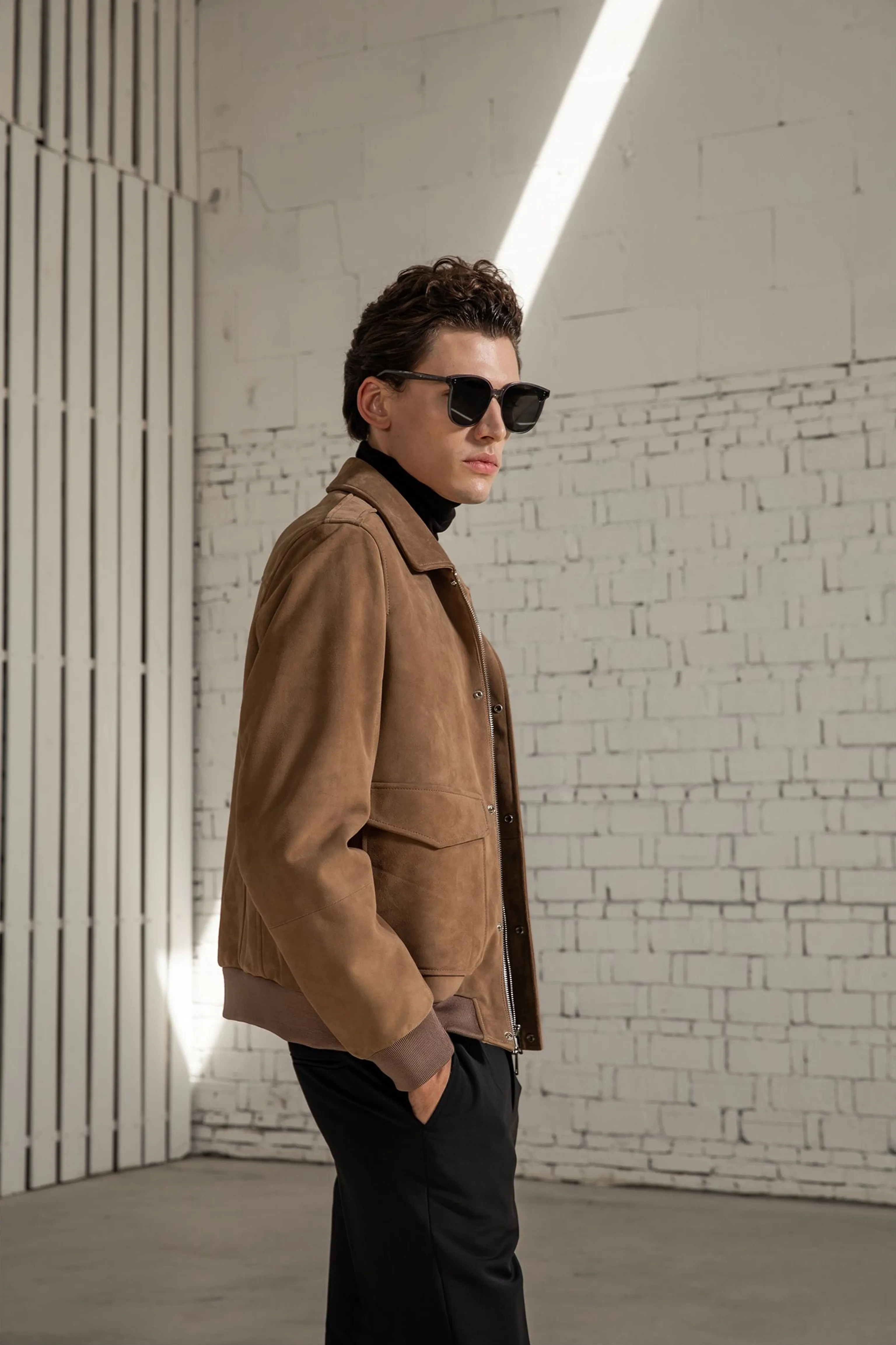 Suede Point-Collar Bomber Jacket - Image 2