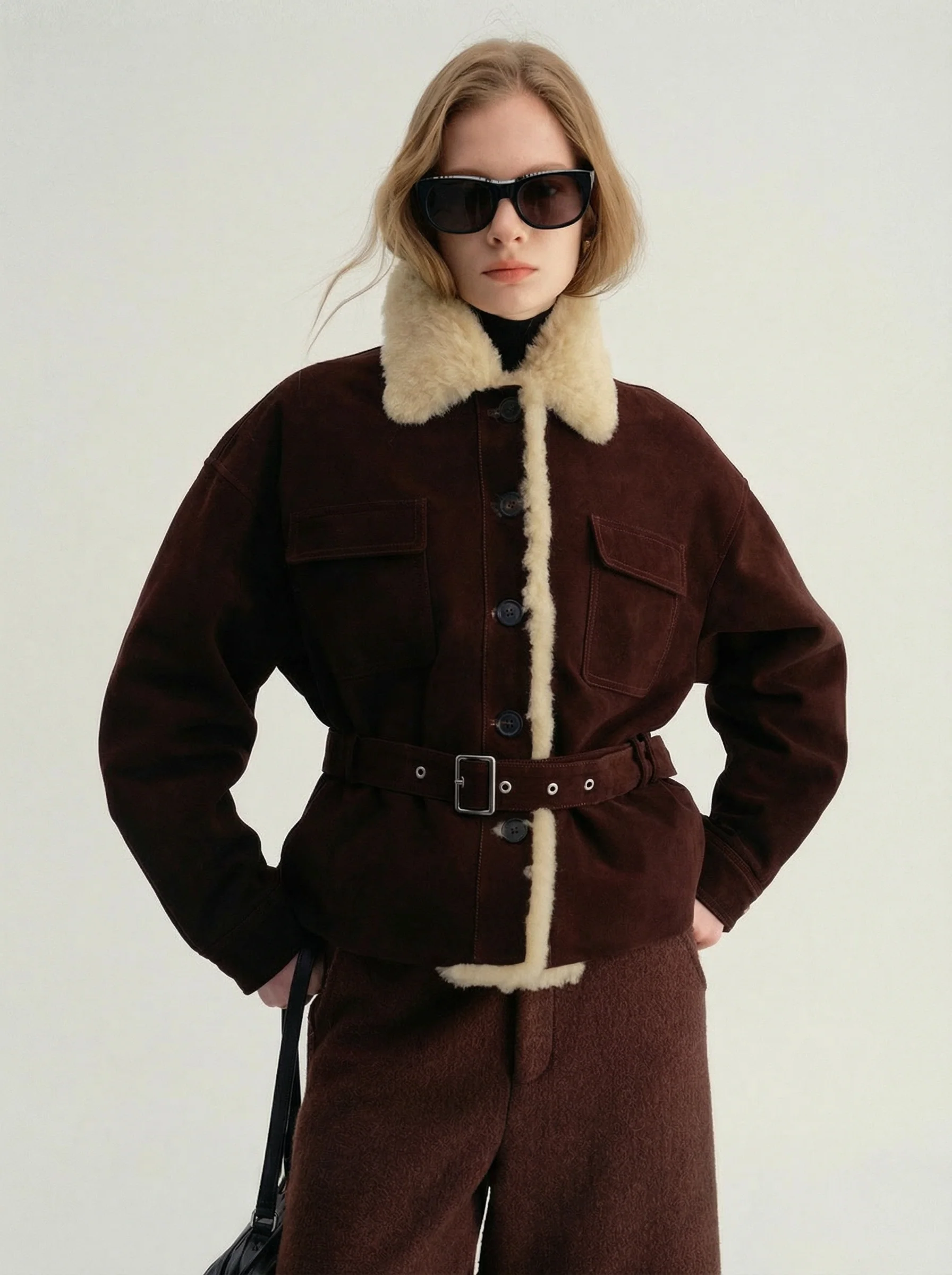 Suede Shearling Belted Jacket - Image 4