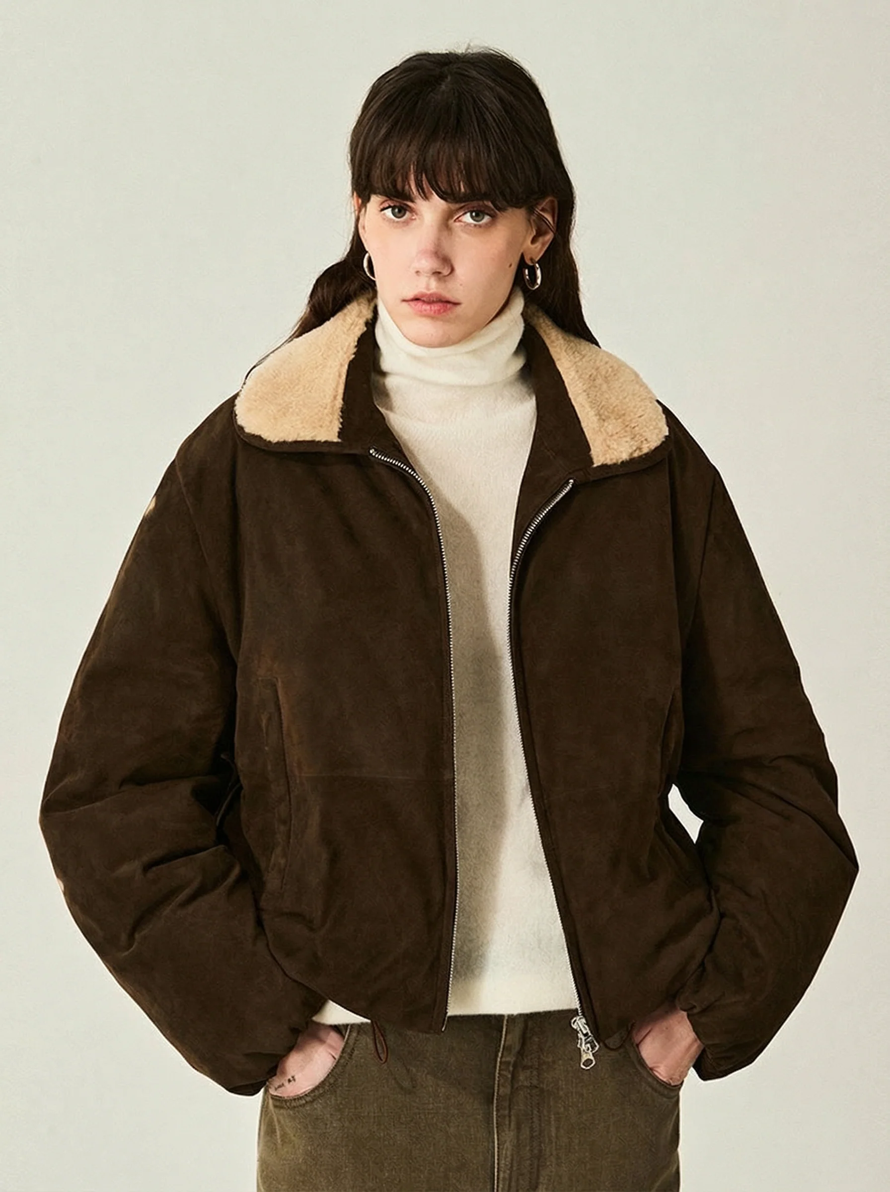 Suede Shearling Collar Down Bomber - Image 2