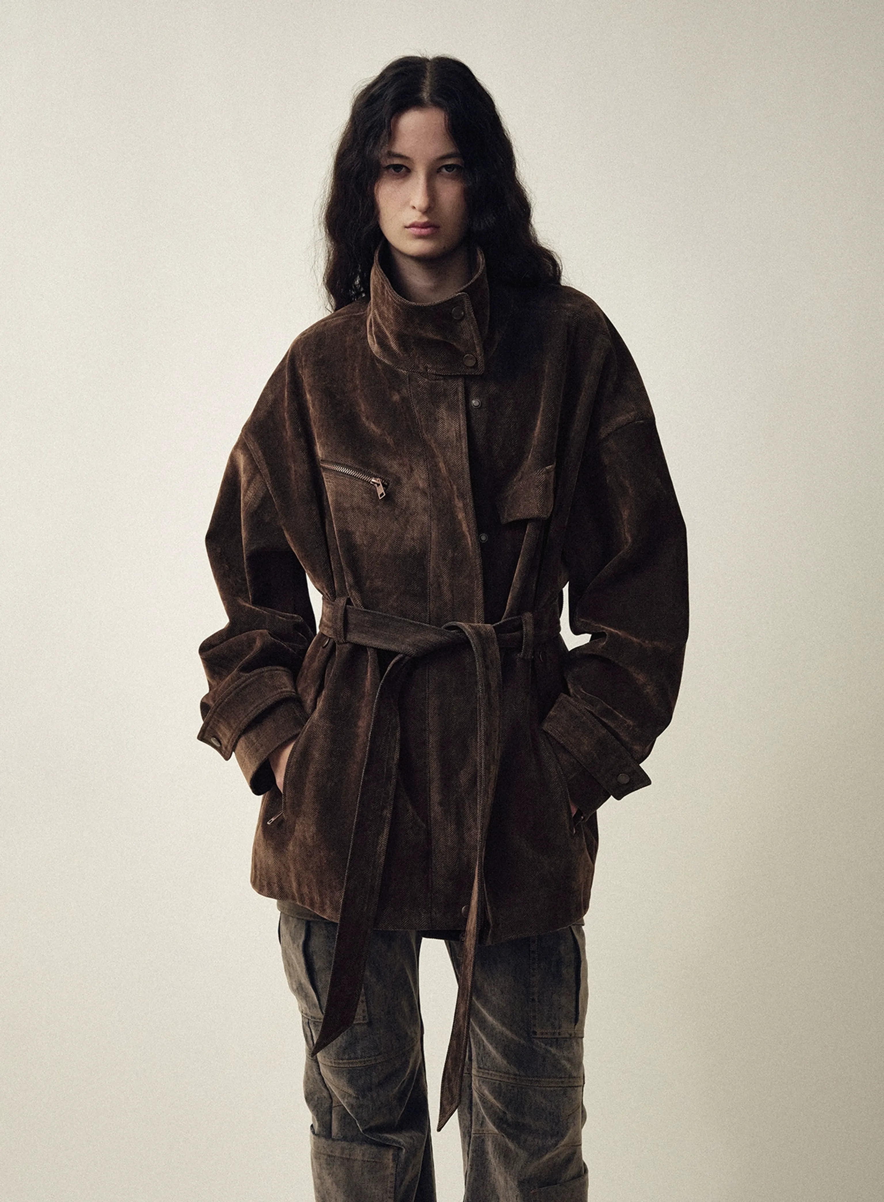 Suede-Texture Belted Jacket - Image 2