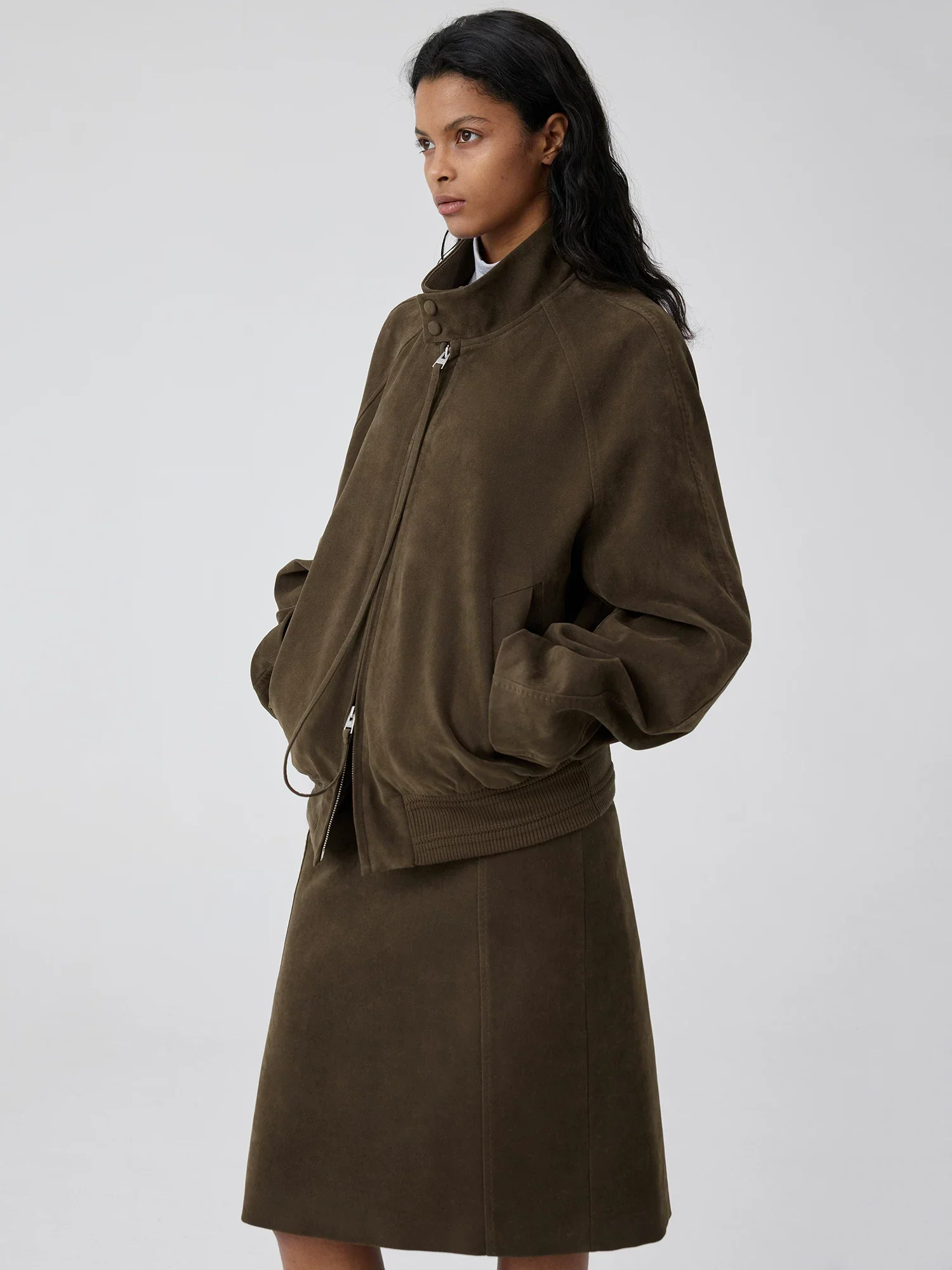 Suedette Stand-Collar Harrington Jacket