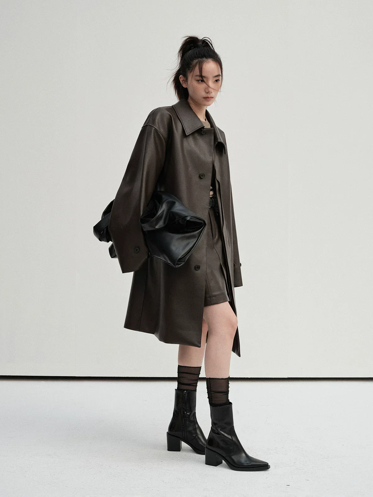 Textured PU Balmacaan Coat - Image 2
