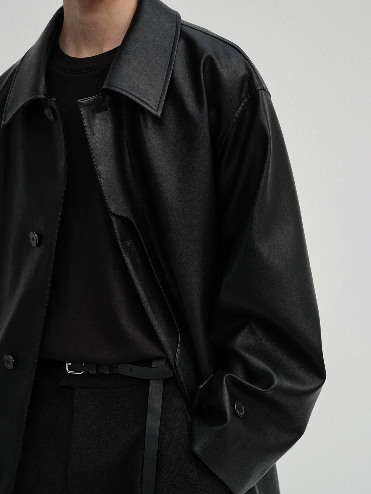 Textured PU Balmacaan Coat - Image 5