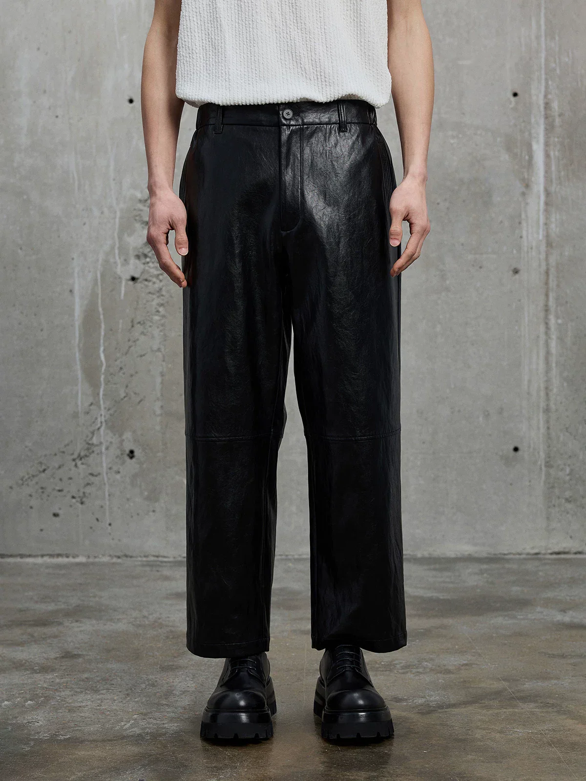 Textured PU Three-Button Blazer & Cropped Trousers Set - Image 5