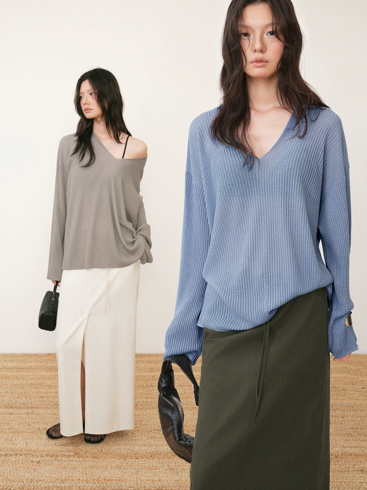Textured Tencel V-Neck Long-Sleeve Top