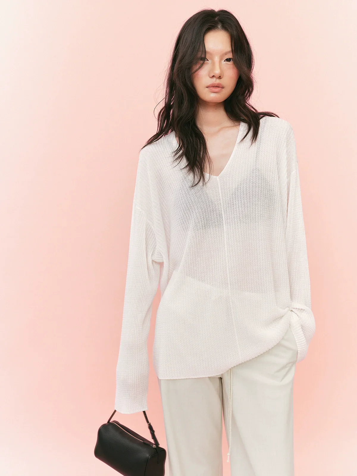 Textured Tencel V-Neck Long-Sleeve Top - Image 4