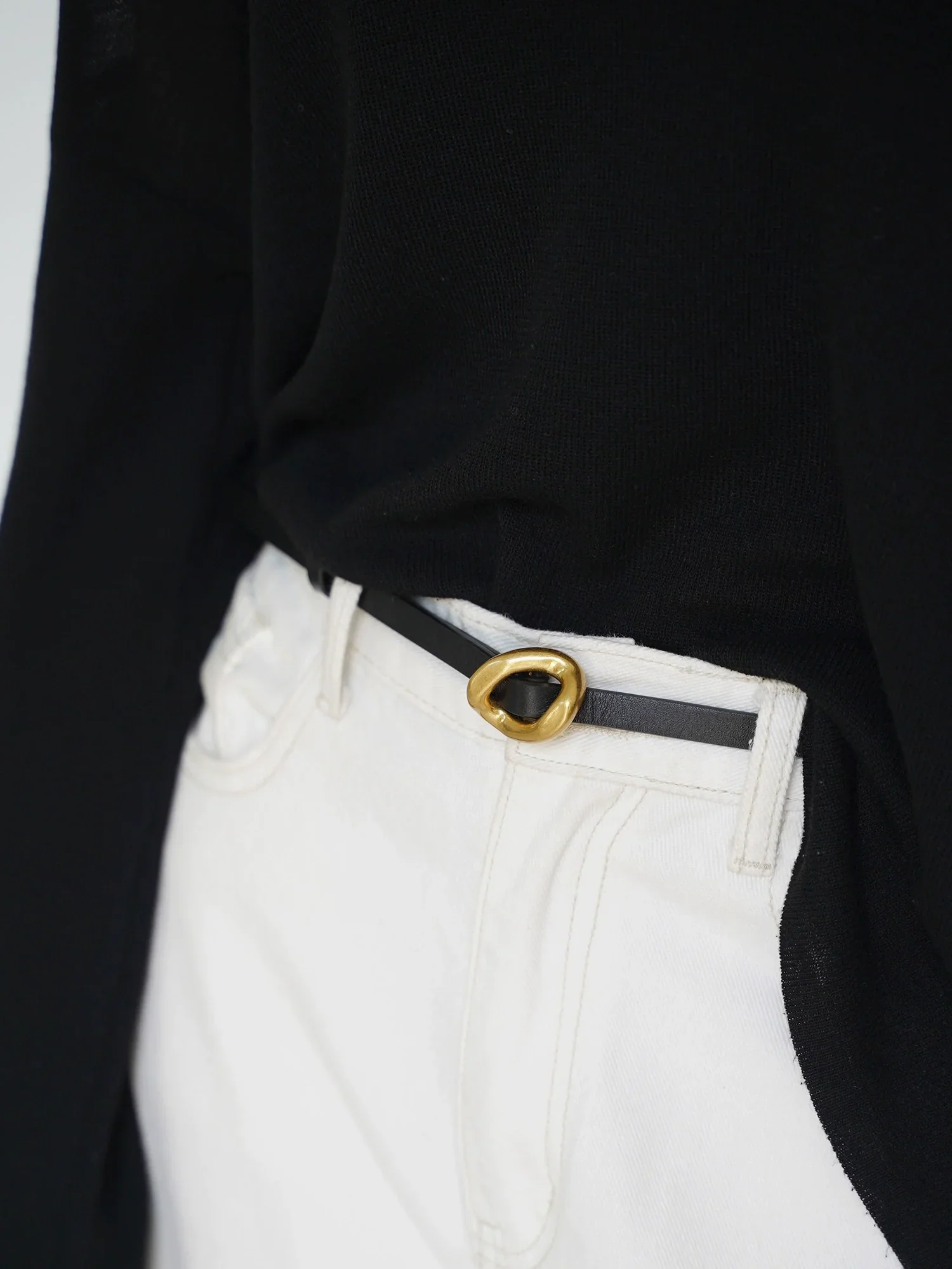 Thin Cowhide Leather Belt with Gold Oval Buckle - Image 3