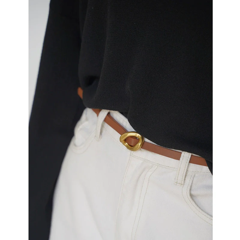 Thin Cowhide Leather Belt with Gold Oval Buckle - Image 6