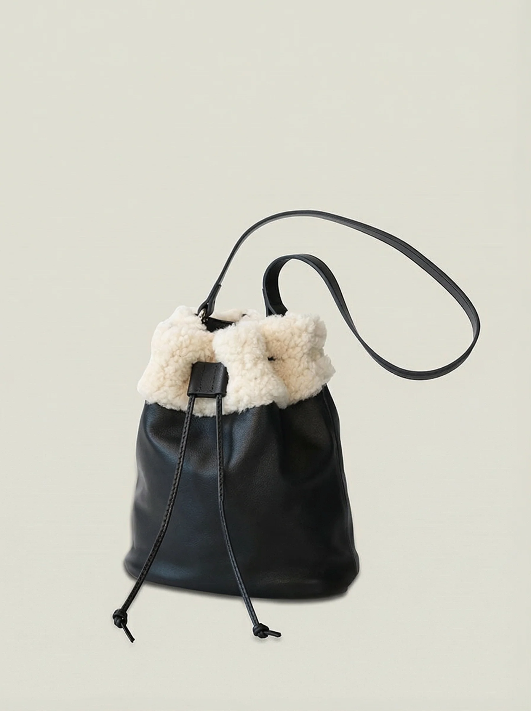 Top Grain Leather Shearling-Cuff Bucket Crossbody - Image 6
