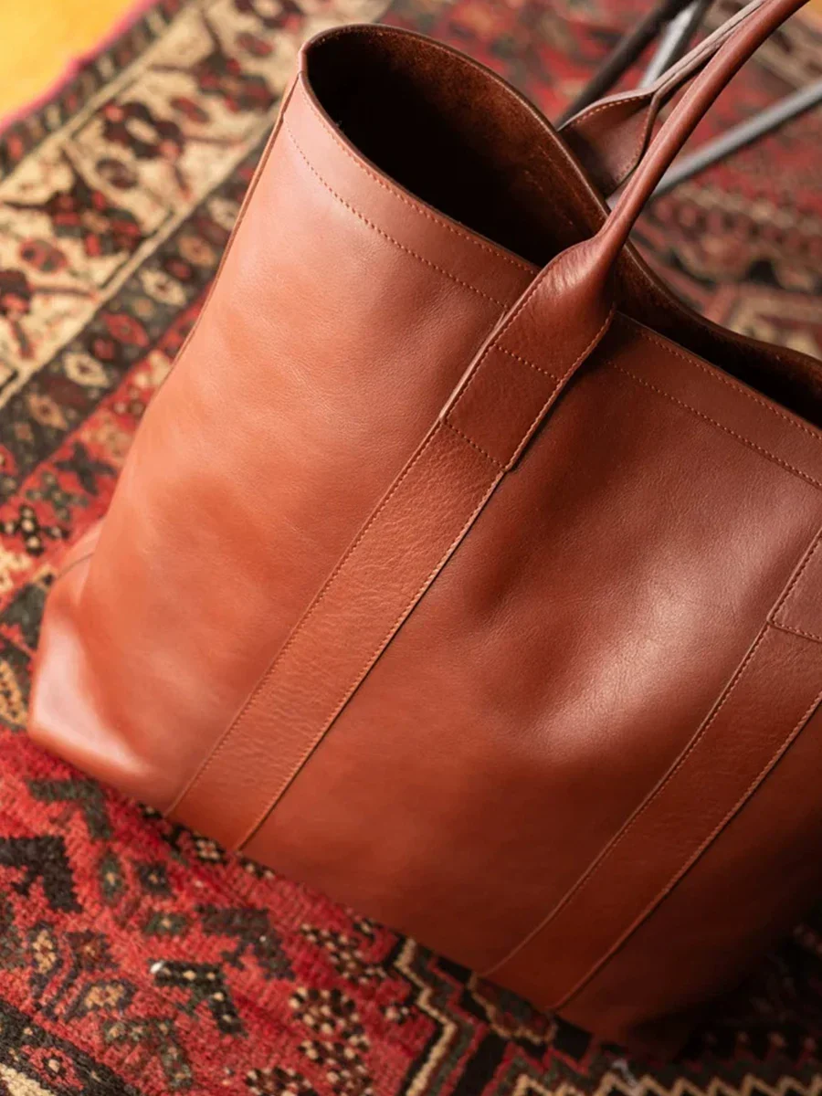 Top-Grain Leather Vertical Panel Tote - Image 3
