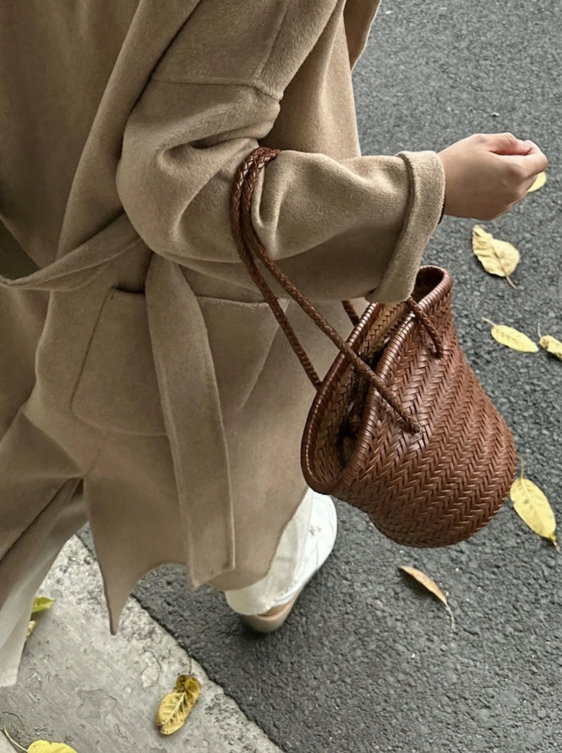 Top Grain Leather Woven Bucket Bag - Image 6