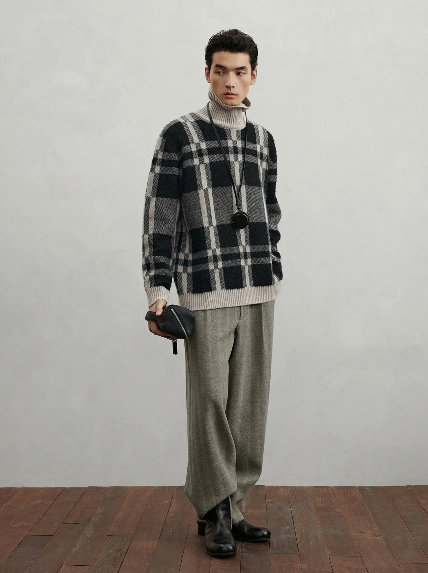 Tricolor Check Wool-Blend Turtleneck Sweater