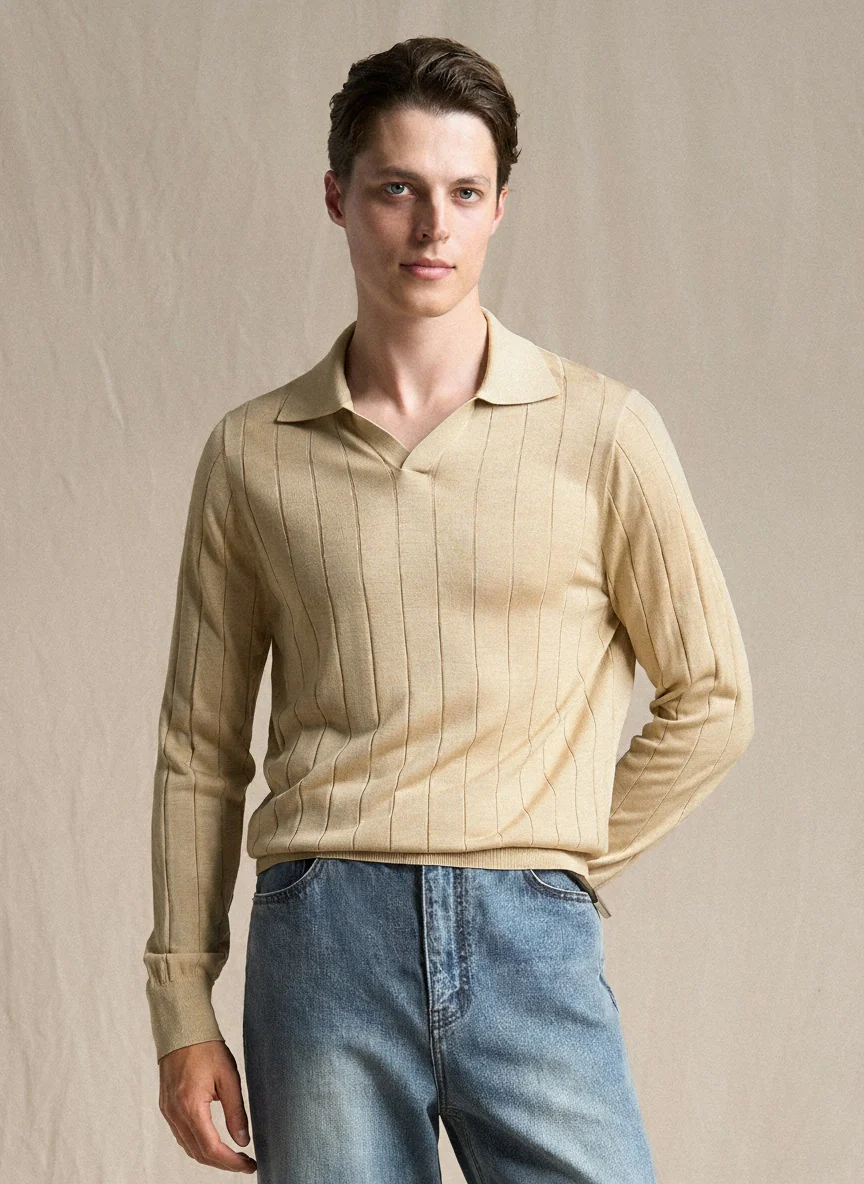 Tussah Silk Ribbed Long-Sleeve Polo - Image 3