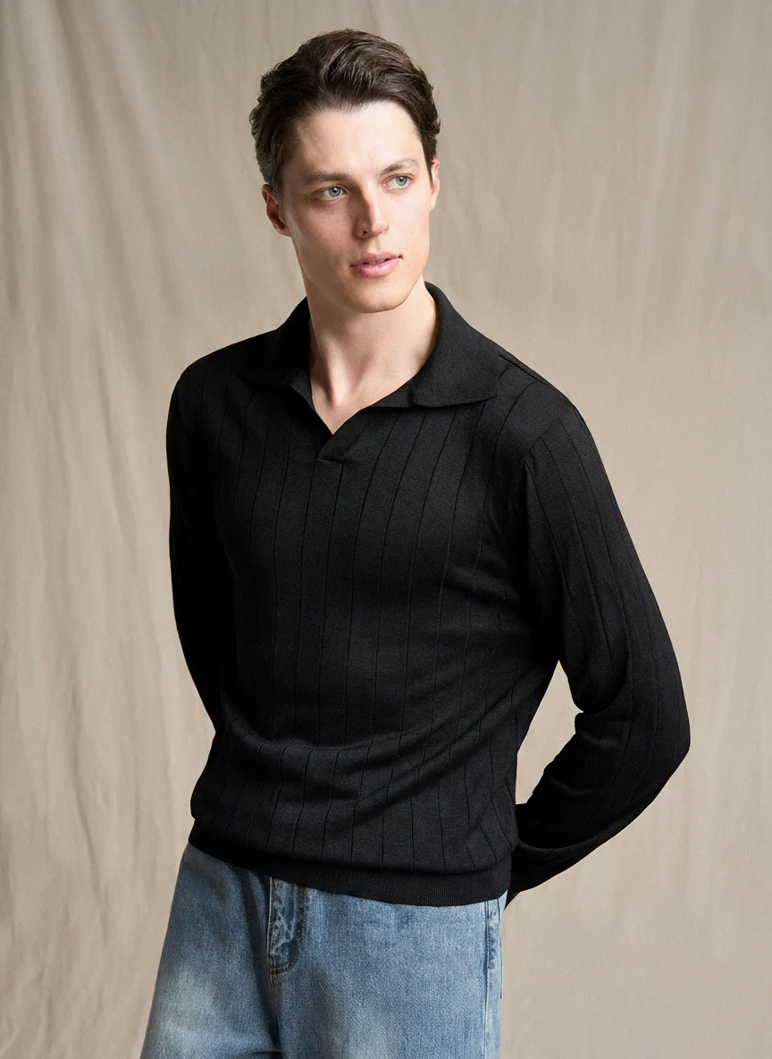 Tussah Silk Ribbed Long-Sleeve Polo - Image 4
