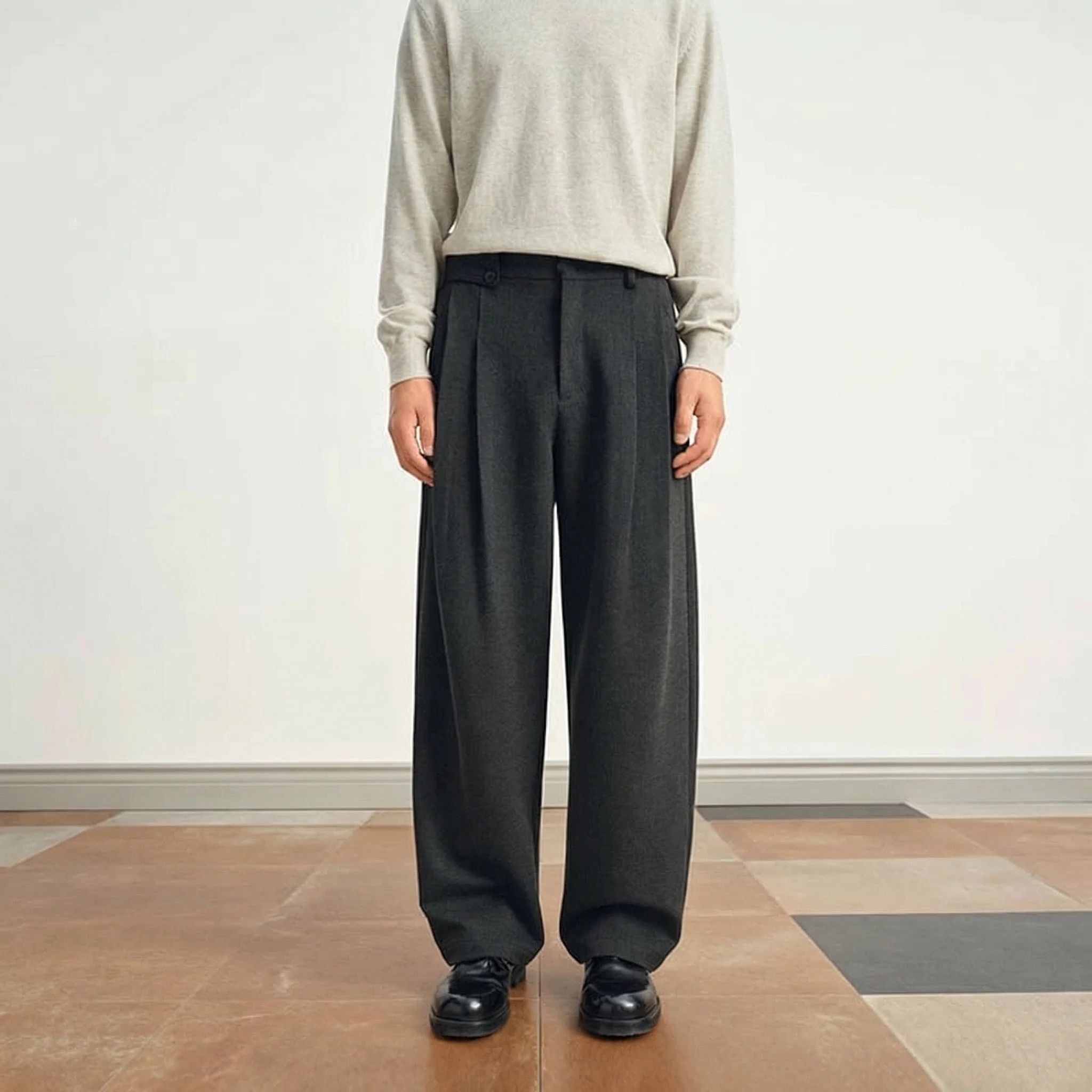 Twill Faux Wool Double-Pleat Wide-Leg Trousers - Image 5
