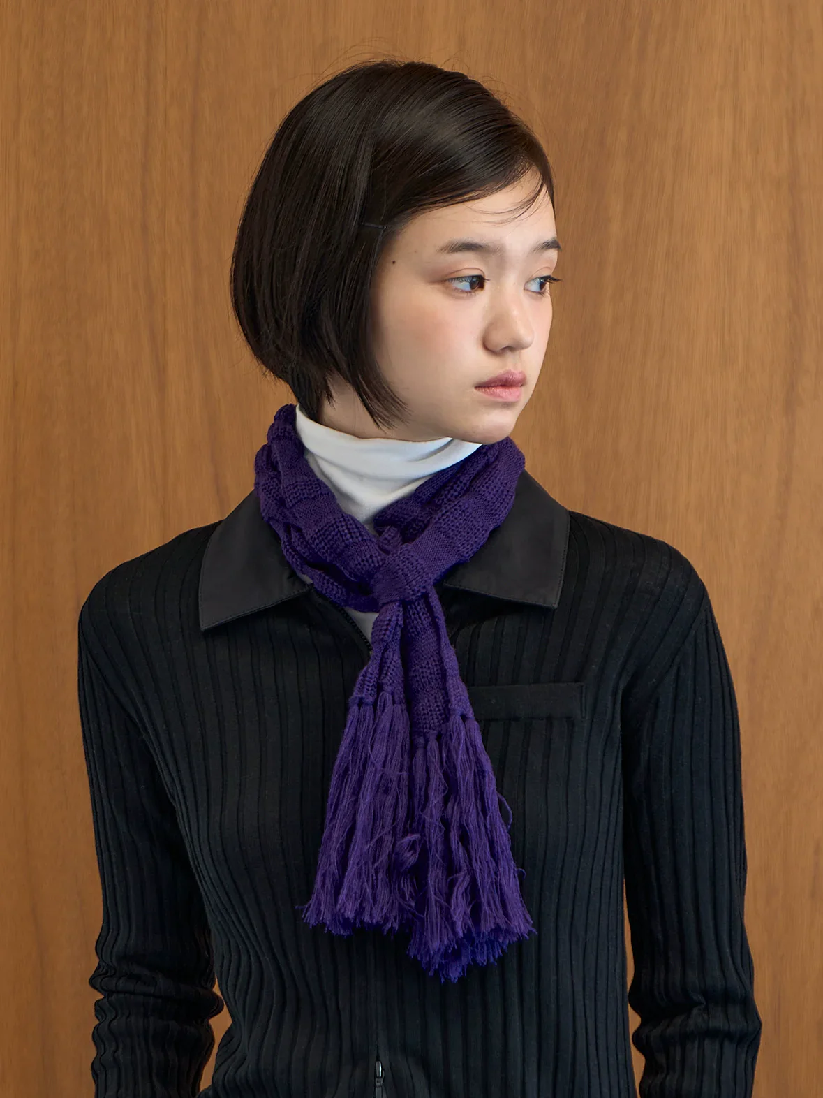 Two-Color Hollow Knitted Tassel Scarf