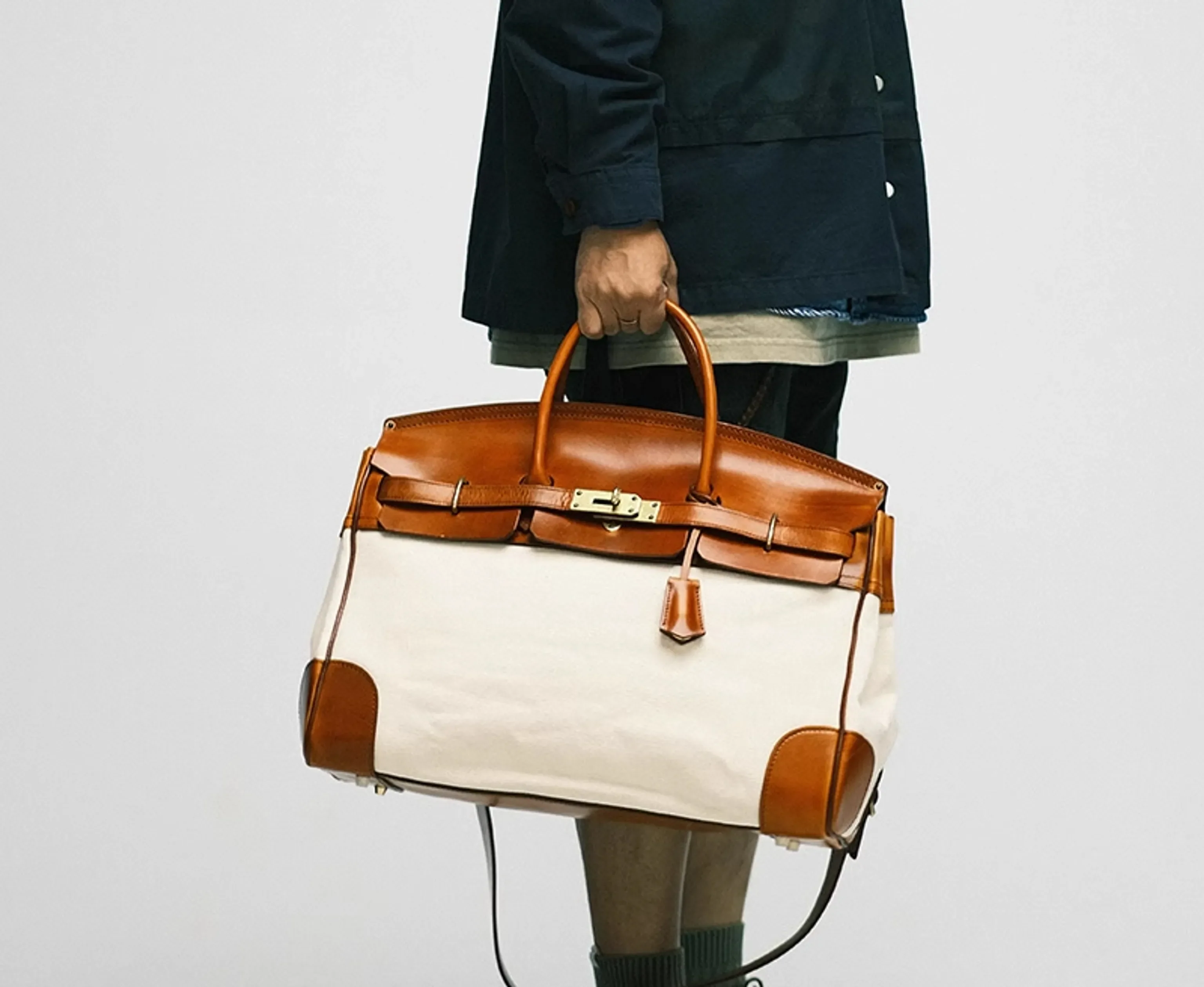 Two-Tone Canvas and Leather Handbag - Image 21