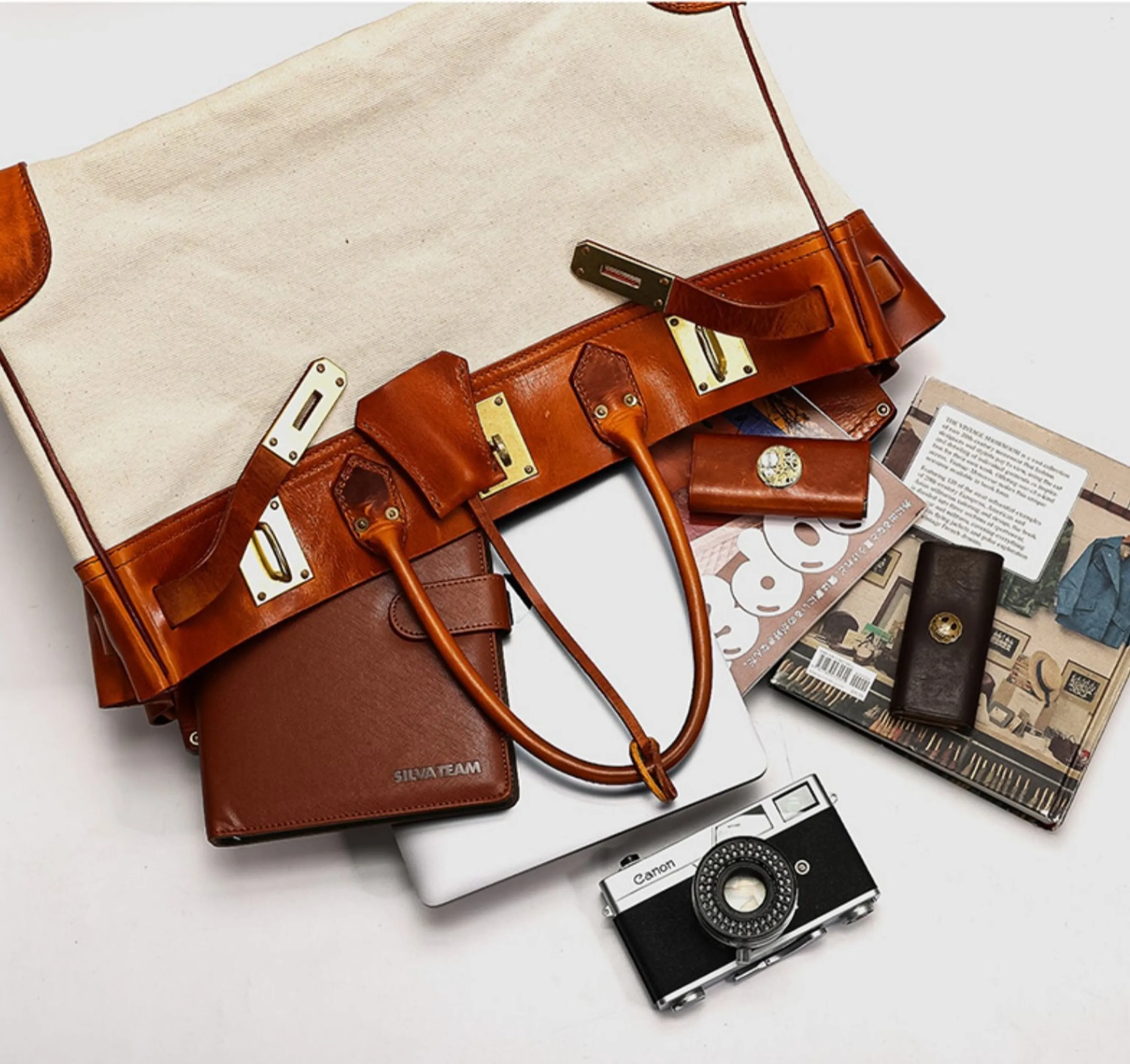 Two-Tone Canvas and Leather Handbag - Image 22