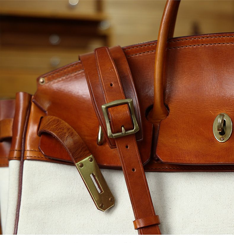 Two-Tone Canvas and Leather Handbag - Image 5