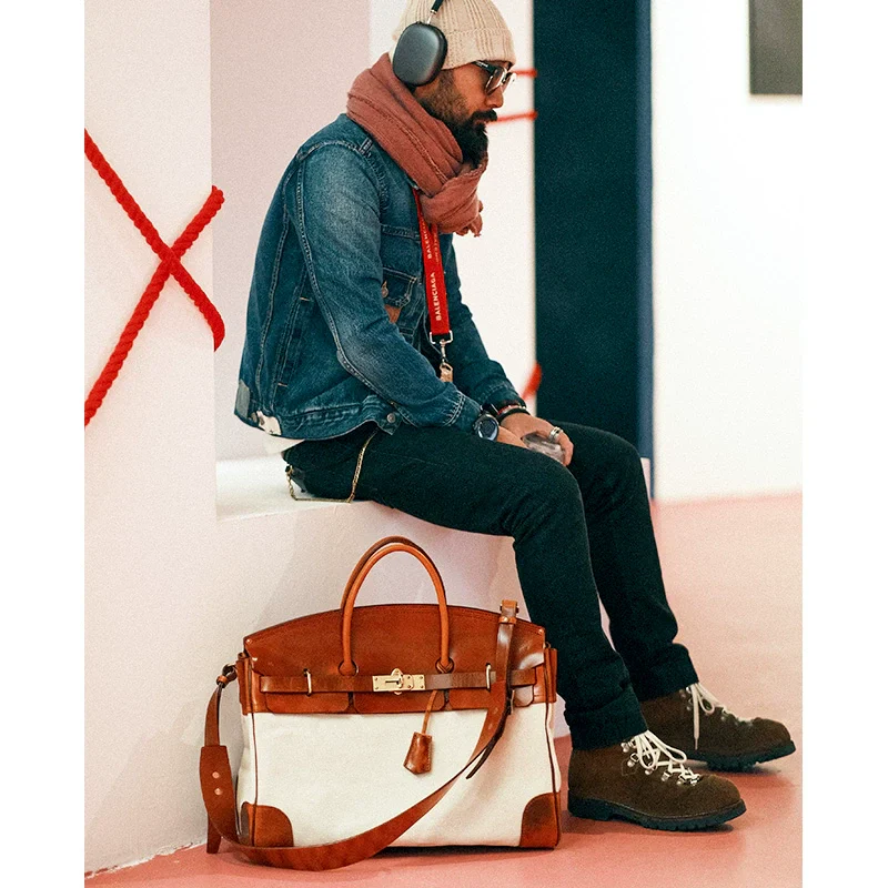 Two-Tone Canvas and Leather Handbag - Image 7