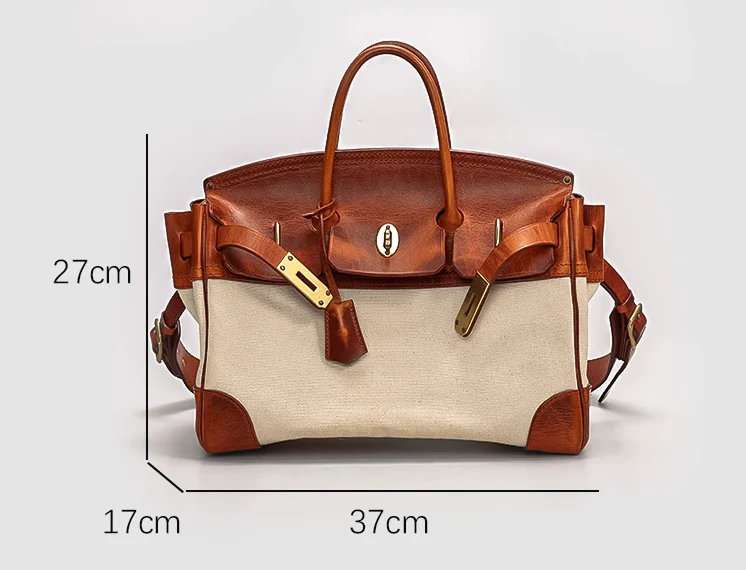 Two-Tone Canvas and Leather Handbag - Image 8