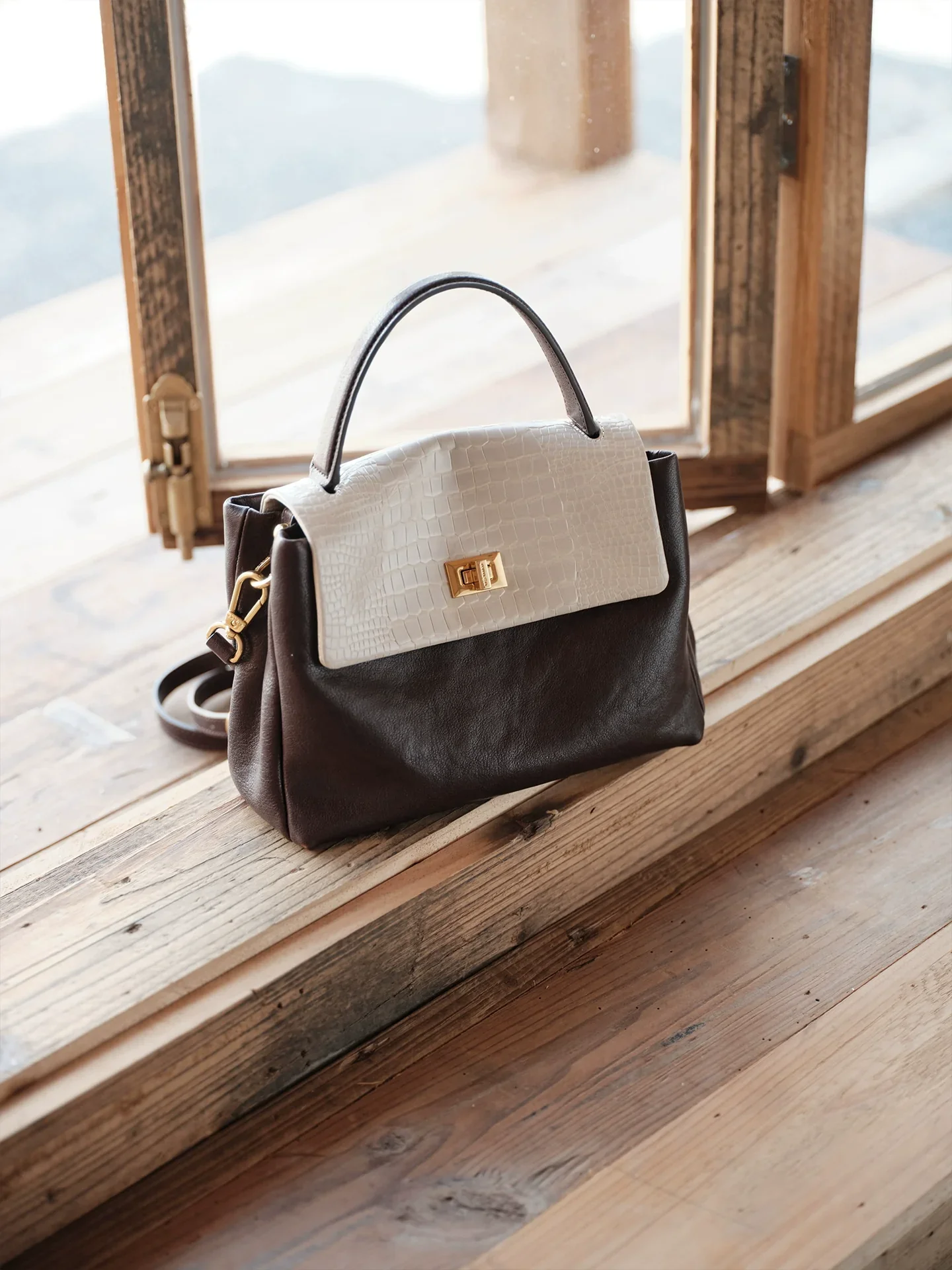 Two-Tone Croc-Embossed Top-Grain Leather Top-Handle Flap Bag - Image 2