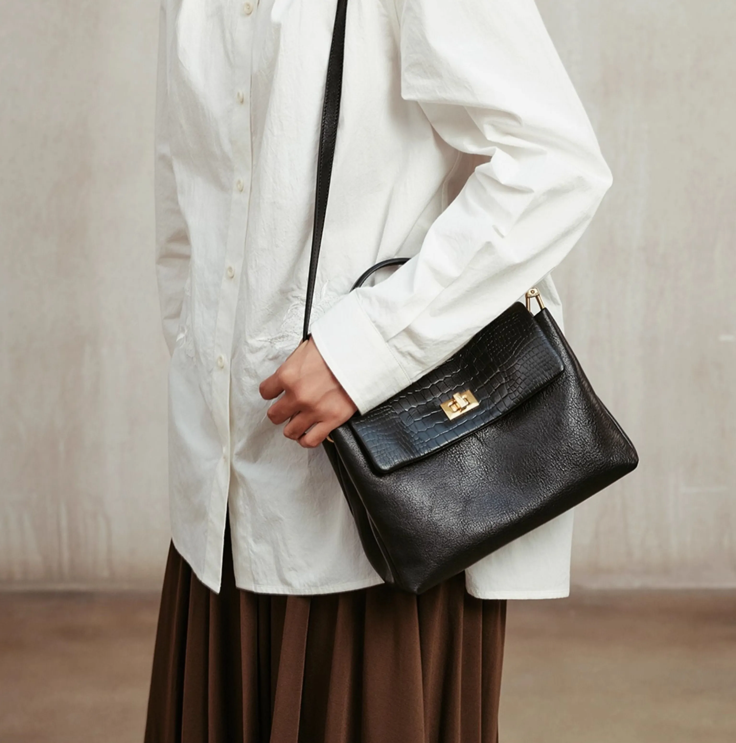 Two-Tone Croc-Embossed Top-Grain Leather Top-Handle Flap Bag - Image 8