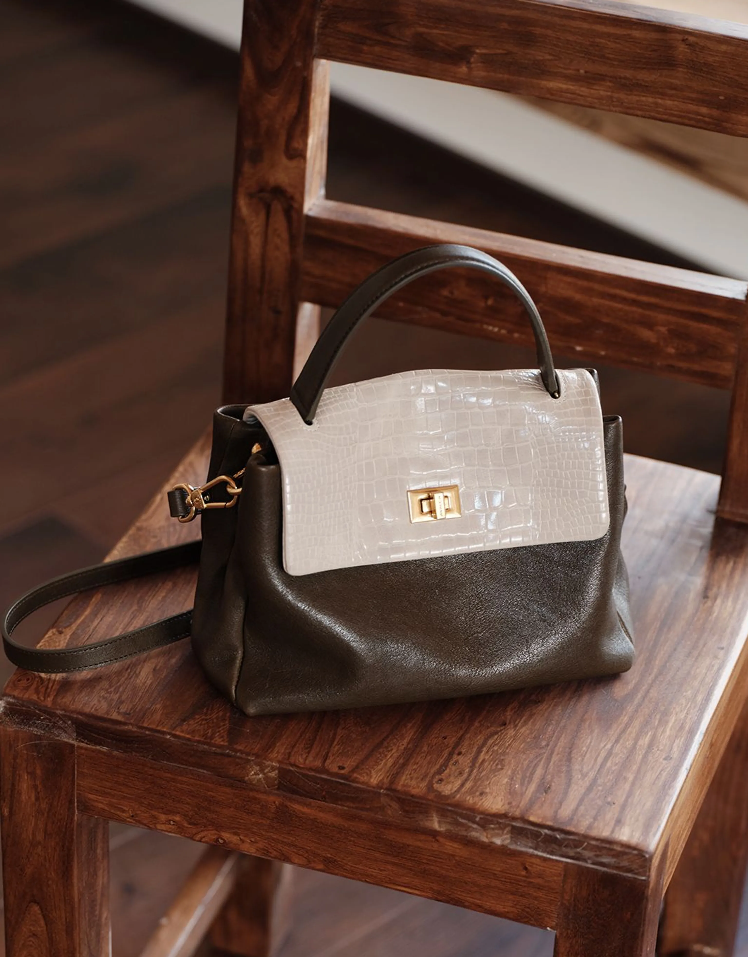 Two-Tone Croc-Embossed Top-Grain Leather Top-Handle Flap Bag - Image 9